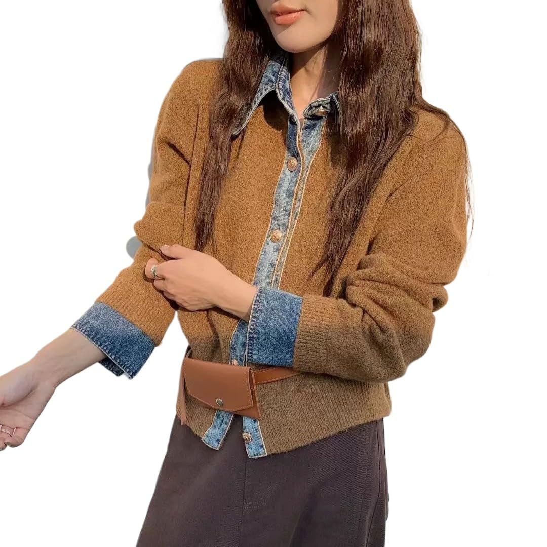 Womens Sweaters Patchwork Denim Sweater Cardigan Vintage Knit Cardigans Fall Trendy Lapel Button Up Sweaters