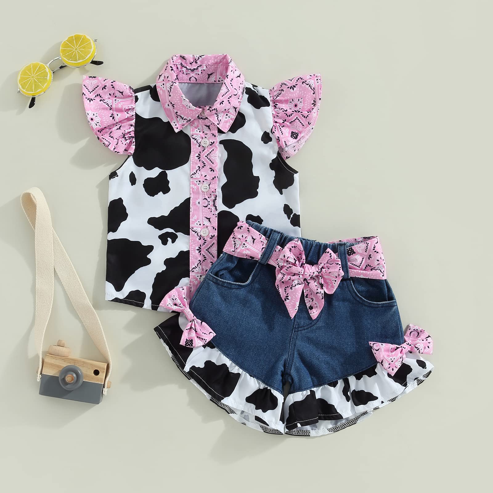 Western Kid Girls Denim Shorts Outfits 1-6T Toddler Baby Ruffle Cow Print Shirt Button Down Tops Belted Jeans Shorts (Denim Blue, 1-2 Years)