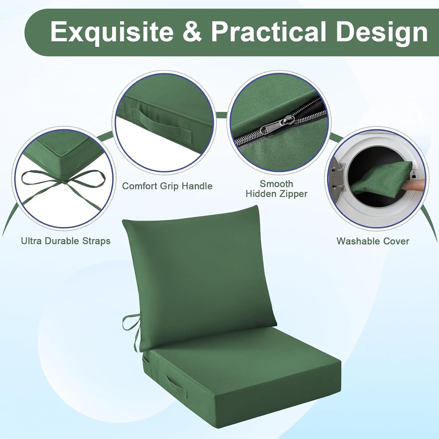 24x24x4 Waterproof & Fade Resistant Outdoor Chair Cushion Set, Deep Patio Seat Cushion with Removable Cover for Patio Furniture, Forest (ForestGreen)