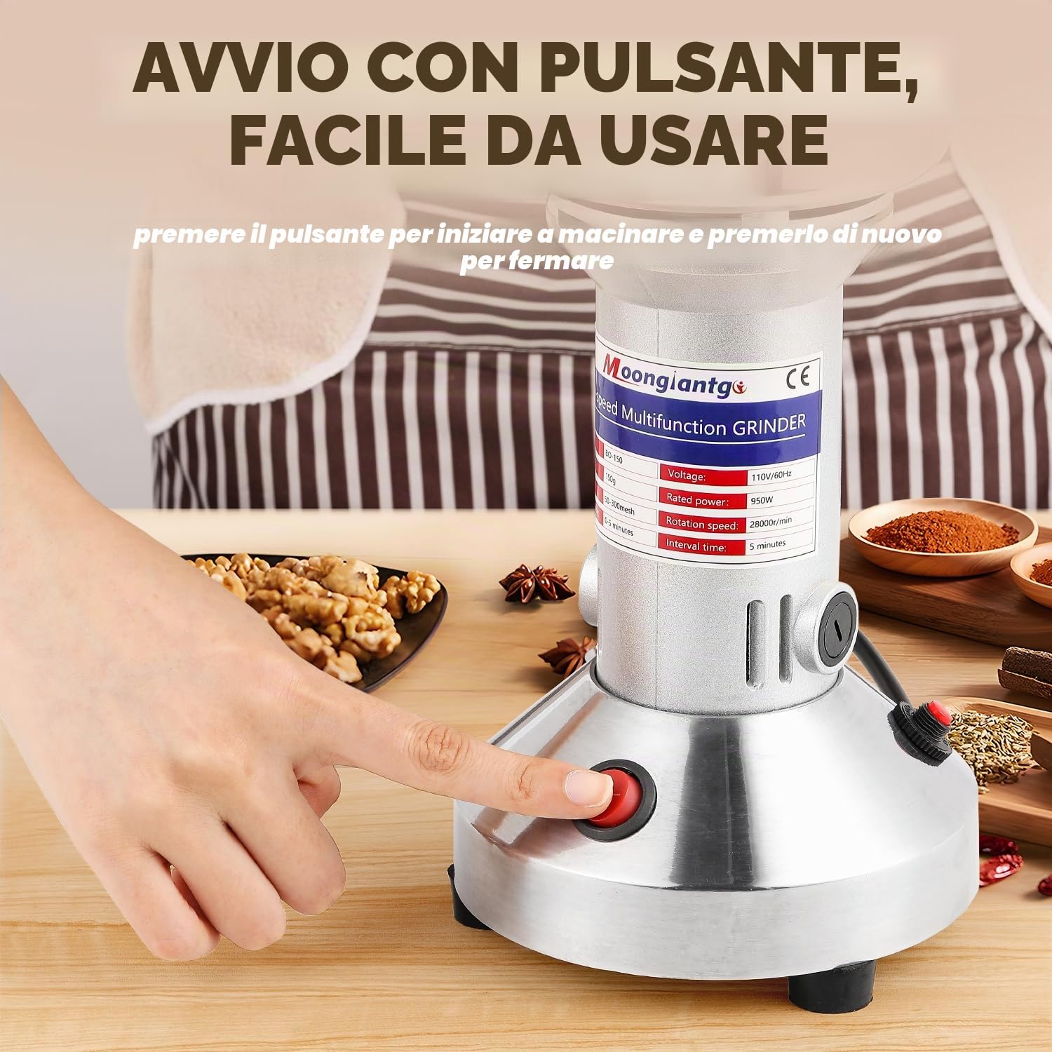 Moongiantgo Mulino Elettrico per Cereali 150g Mulino per Spezie Acciaio Inossidabile, 950W 28000RPM Motore Commerciale & 30s Rettifica Superfine ad Alta Velocità, per Cereali/Erbe/Spezie/Noci