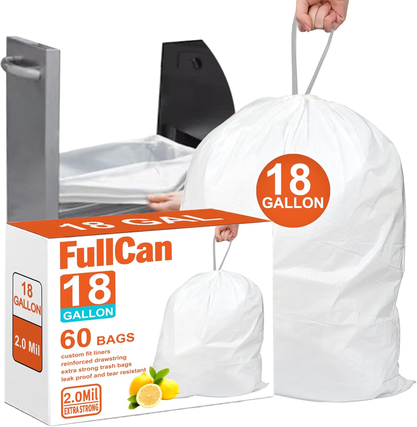 18 Gallon 2 Mil Lemon Scent Heavy Duty Compactor Trash Bags 60 Count Reinforced Drawstring Garbage Liners Fit 18 Gallon Compatible with Kitchenaid, Whirpool, GE 15 Inch Compactors GRAND SAVE!