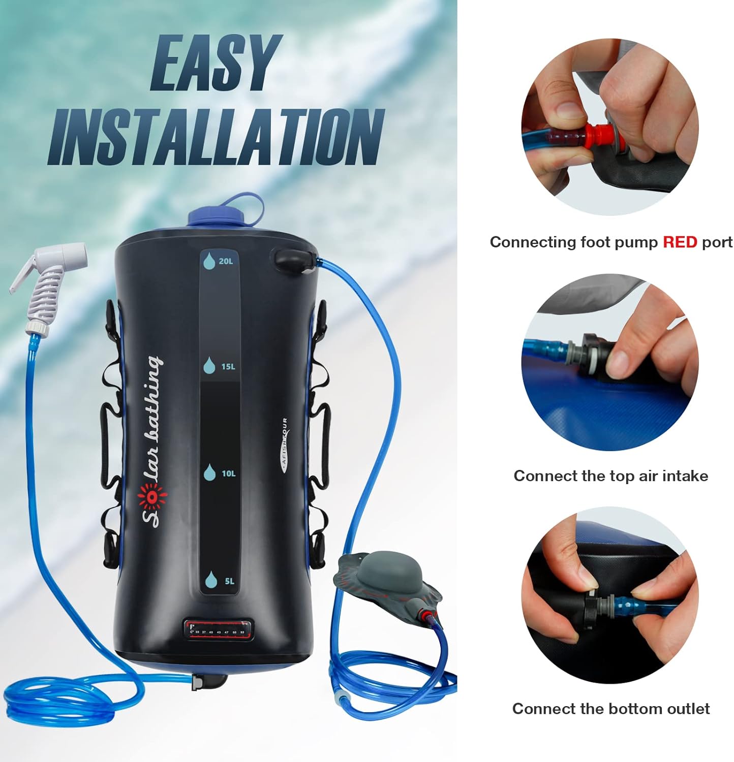 AFISHTOUR 20L/5.4 Gallons Portable Camping Shower Bag, Waterproof Solar Shower Bag with Pressure Foot Pump and Shower Nozzle for Beach Camping Swim Travel Hiking Trip : Sports & Outdoors