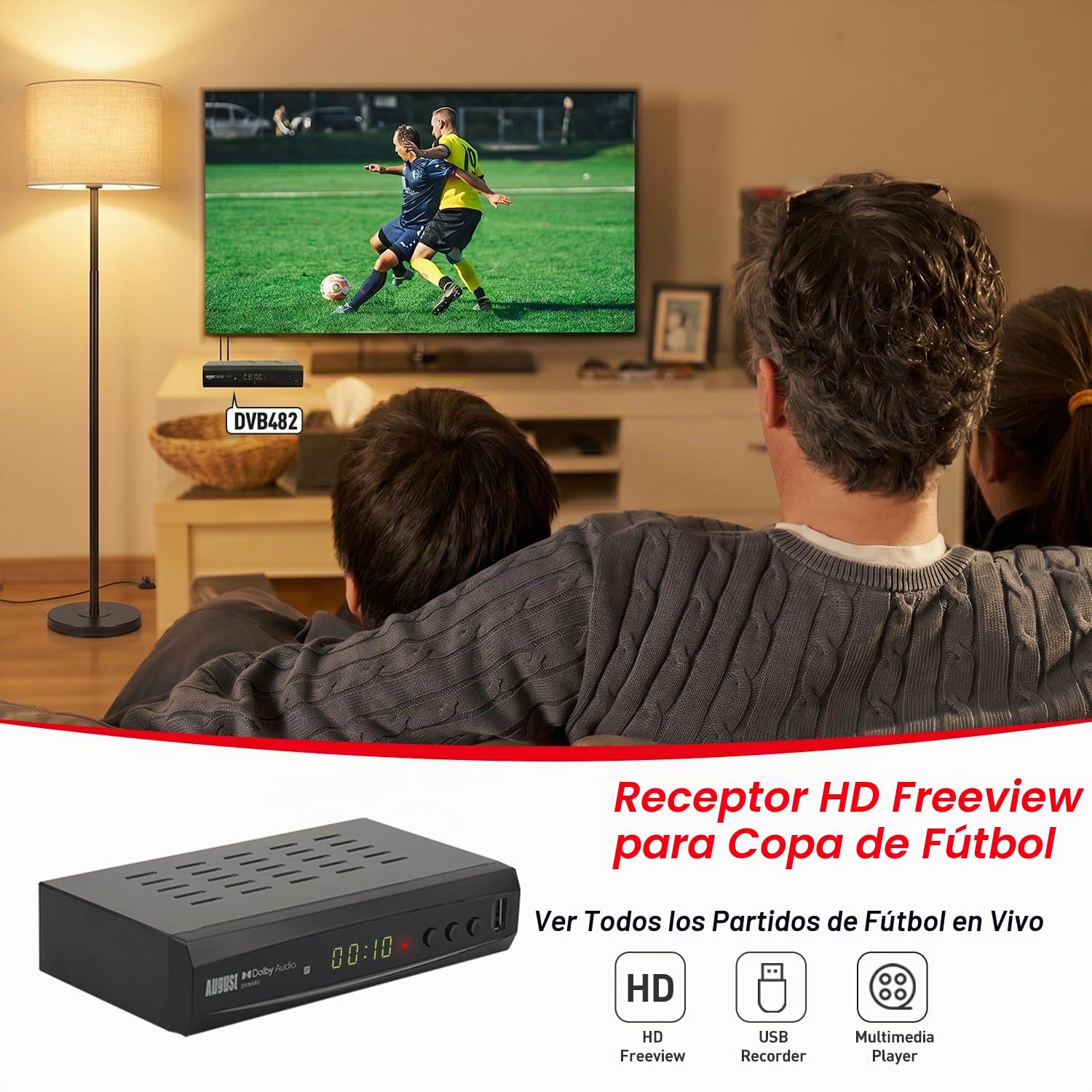 August DVB482 Decodificador TDT HD, Mira y Graba DVB-T DVB-T2 TV en Vivo Desde 2 Canales al Mismo Tiempo, Guía de Programas y TimeShift, Receptor TDT HD HDMI para TV- Reproductor Multimedia