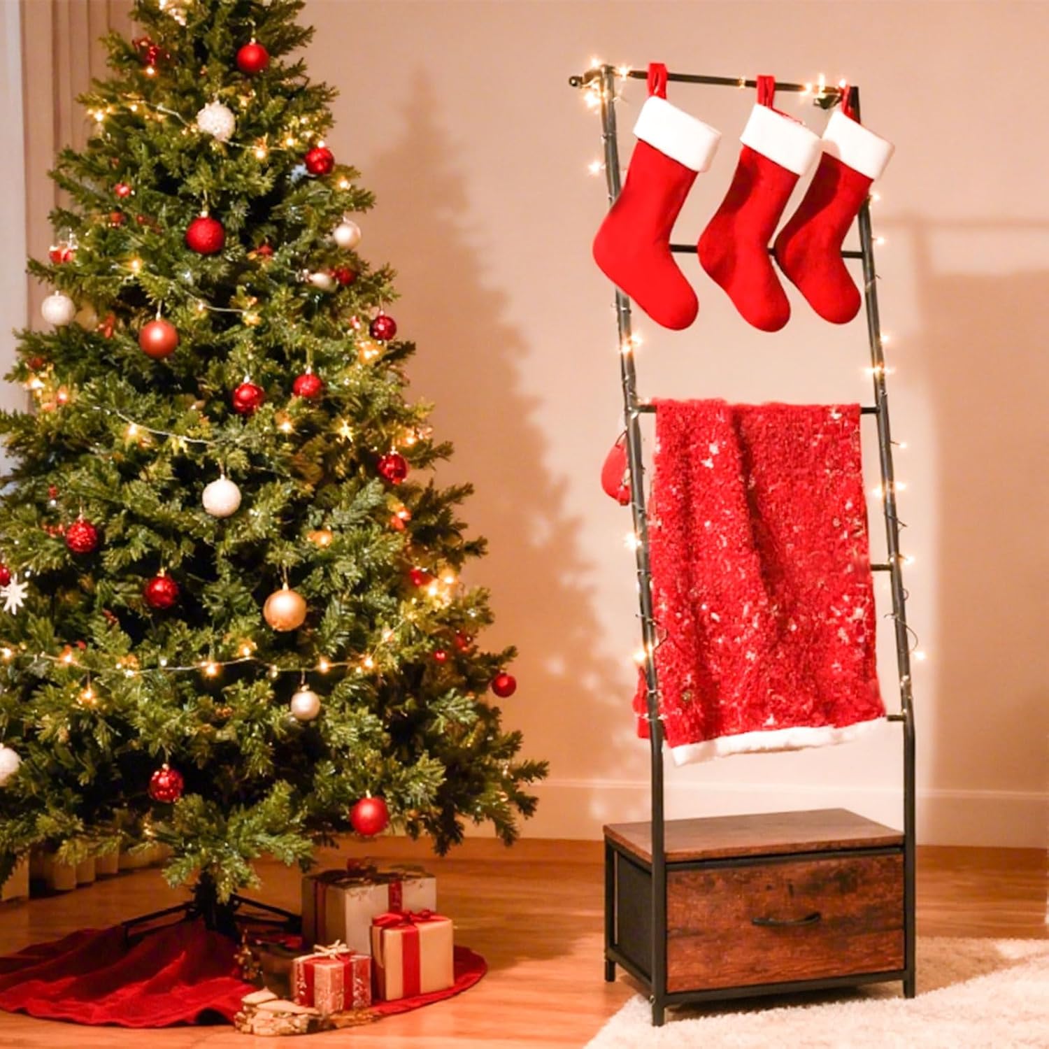 Metal Blanket Ladder with Storage Drawer, 5 Tier Rustic Blanket Rack with Hooks for Living Room, Bedroom, Farmhouse Decor – 5.2ft Wall Leaning Ladder Shelf for Blankets, Towels & Throws, Black