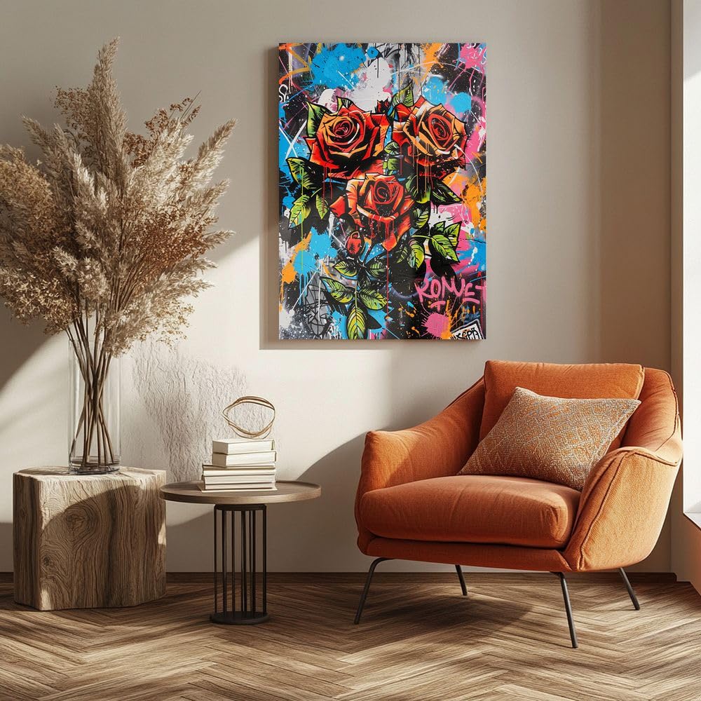 Fchen art Poster su tela con graffiti di strada e rose rosse, stile hip hop, poster su tela, decorazione da parete moderna per camera da letto, poster pronto da appendere, 60 x 90 cm