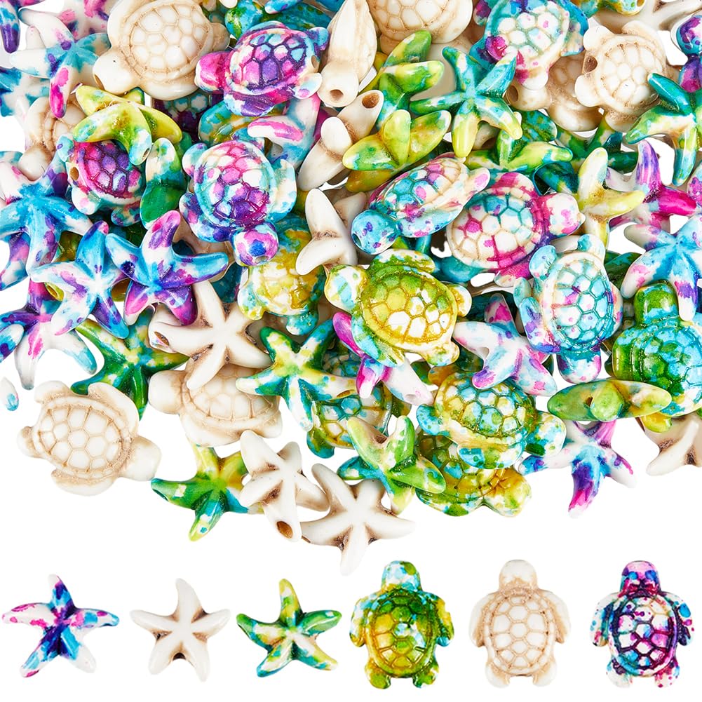 SUNNYCLUE 120PCS 2 Styles Turquoise Turtle Starfish Beads Summer Beads Hawaii Ocean Animal Sea Life Colorful Lucky Gemstone Loose Spacer Bead Bulk for Jewelry Making Beading Kit Bracelet Craft Supply