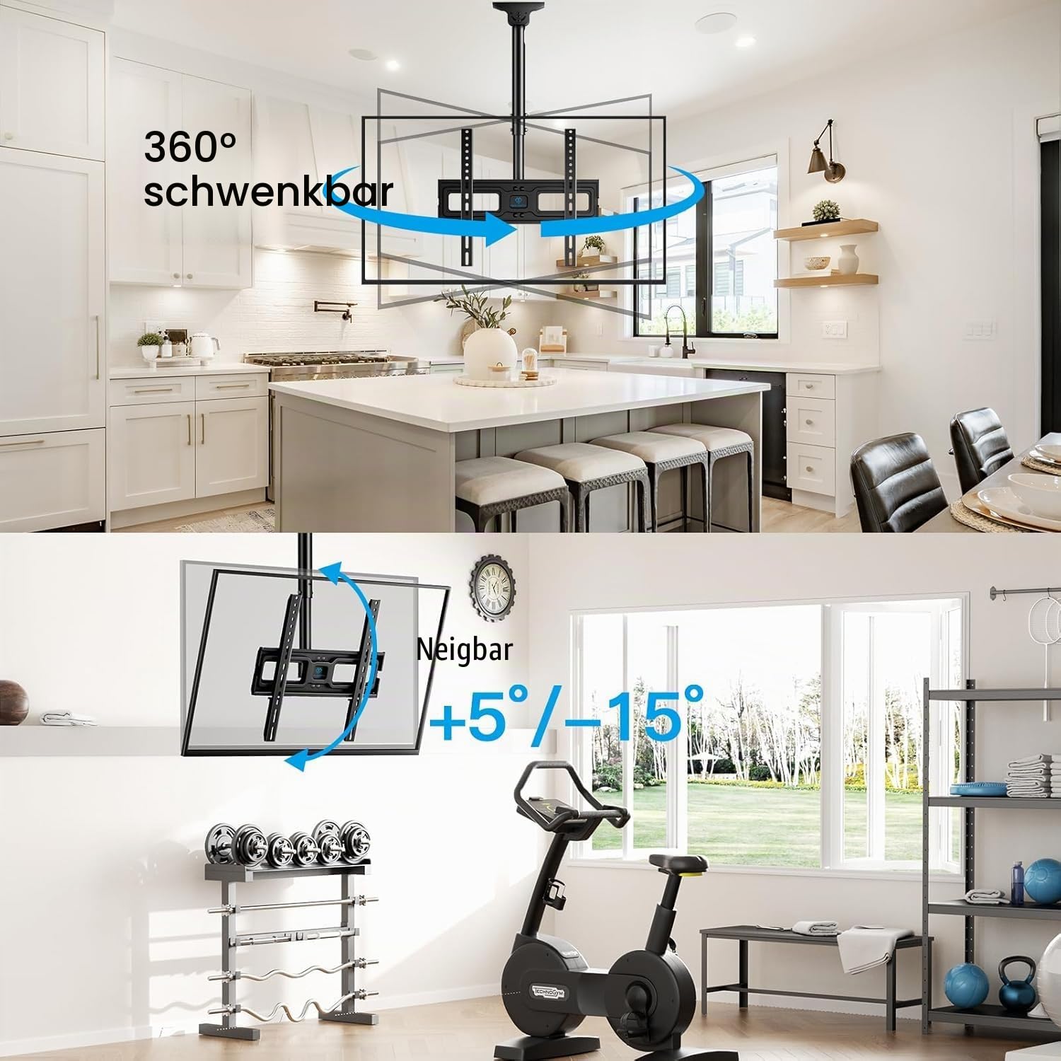 PERLESMITH TV-Deckenhalterung – TV-Halterung neigbar und schwenkbar, verstellbar für Bildschirme von 26 bis 65 Zoll – Dachhalterung Full-Motion trägt 50 kg mit VESA 400 x 400 mm