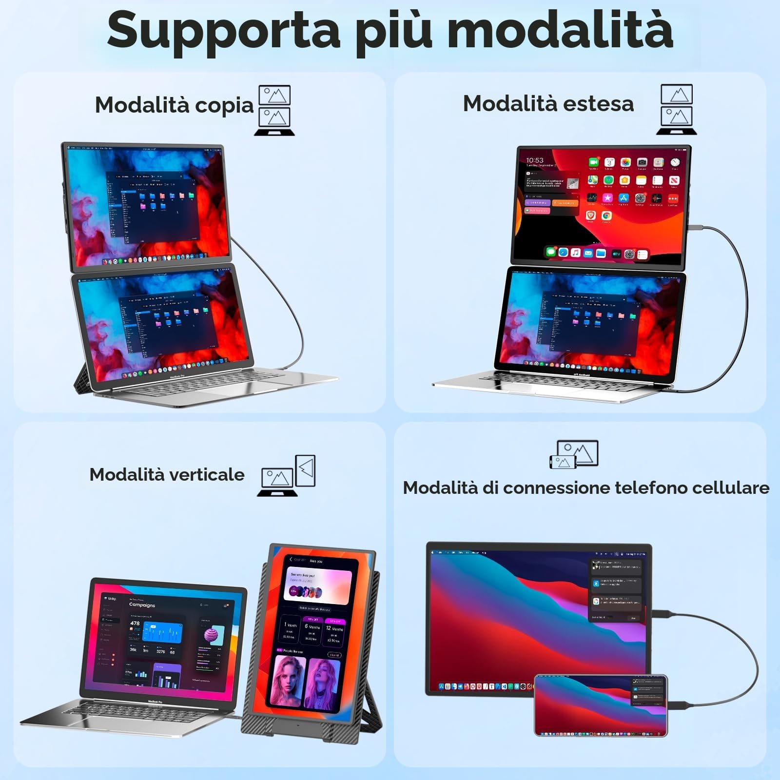 Monitor Portatile per Laptop 16", Schermo Portatile Full HD 1920x1200 IPS 16:10, Doppio Schermo PC Portatile per Laptop 13-17.3", Connettività USB C e HDMI per Windows/Mac/Android/Switch/PS5