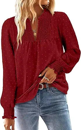 BETTE BOUTIK Women Boho Long Sleeve Shirts Dressy Casual V Neck Fall Fashion Tops Swiss Dot Flowy Blouses
