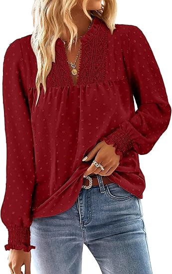BETTE BOUTIK Women Boho Long Sleeve Shirts Dressy Casual V Neck Fall Fashion Tops Swiss Dot Flowy Blouses