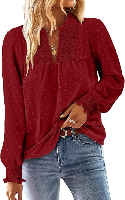 BETTE BOUTIK Women Boho Long Sleeve Shirts Dressy Casual V Neck Fall Fashion Tops Swiss Dot Flowy Blouses
