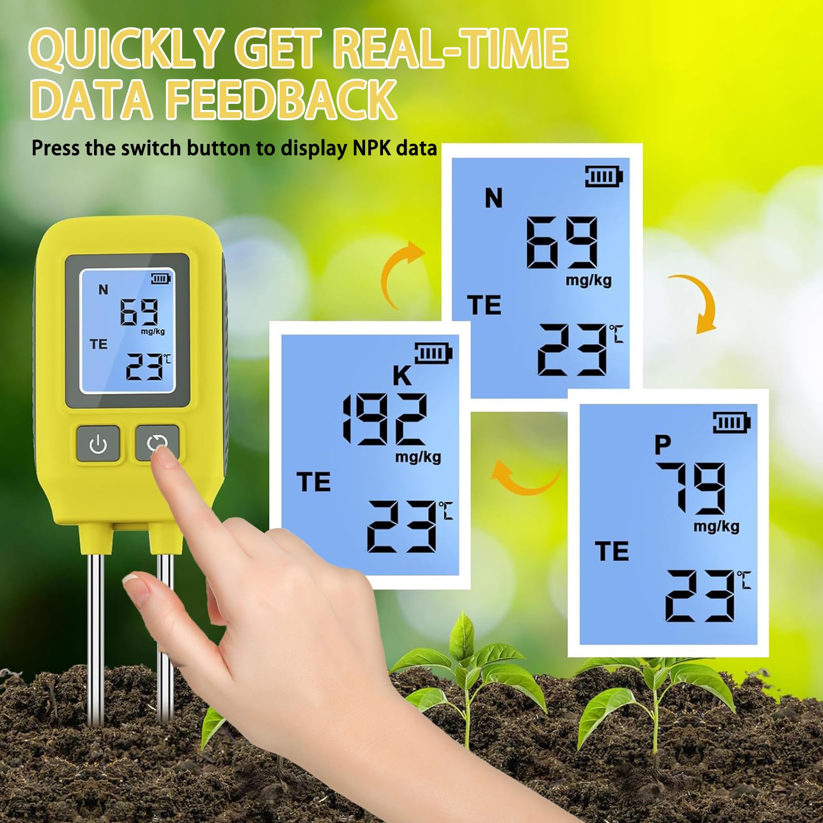 Medidor digital 4 en 1 para medición de nitrógeno, potasio y temperatura, analizador de humedad y nutrientes del suelo de alta precisión para cuidado de jardín y granja