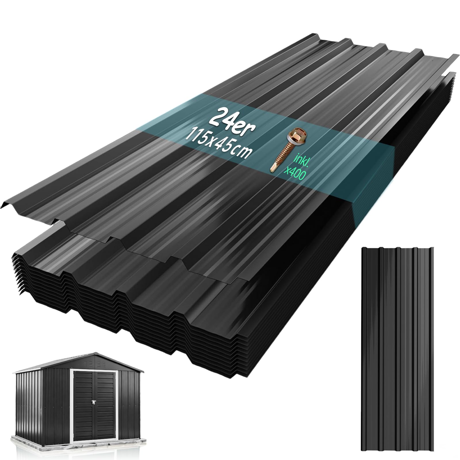 24X Corrugated Metal Roofing Sheets 115x45CM with 400 Screws, Weatherproof Galvanised Trapezoidal Steel Roof Panels, 12.42m² Metal Grooved Roof for Carports Greenhouse Tool Sheds Garage, Black