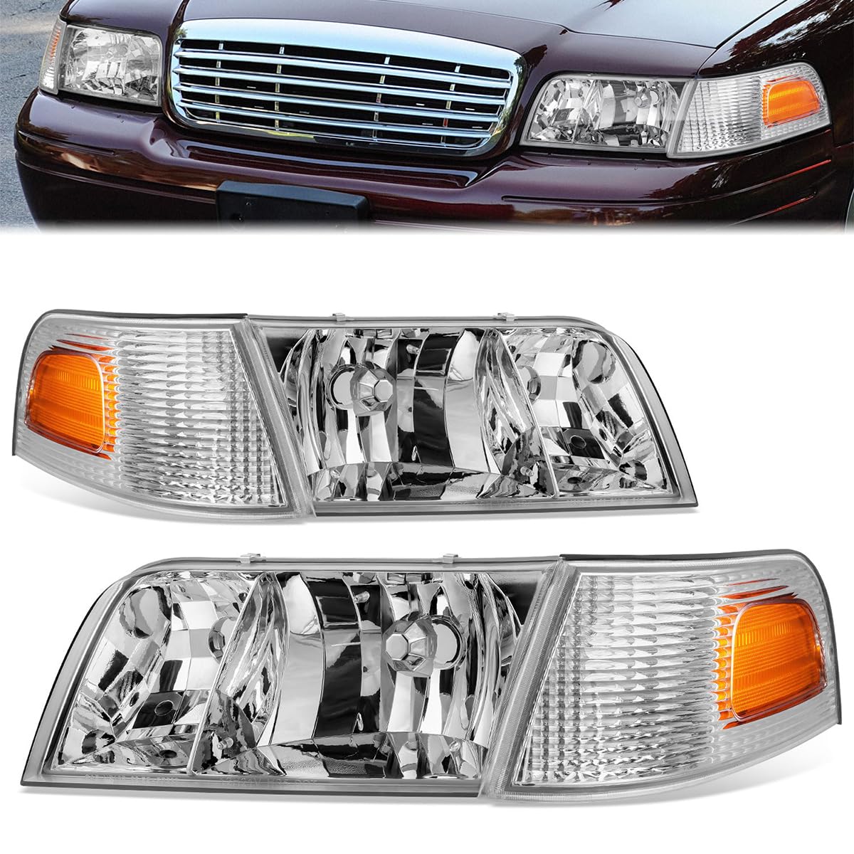 Pair of Factory Style Headlight Assembly+ Turn Signal Lights Compatible with Ford Crown Victoria 1998-2011. - Chrome Housing Amber Corner