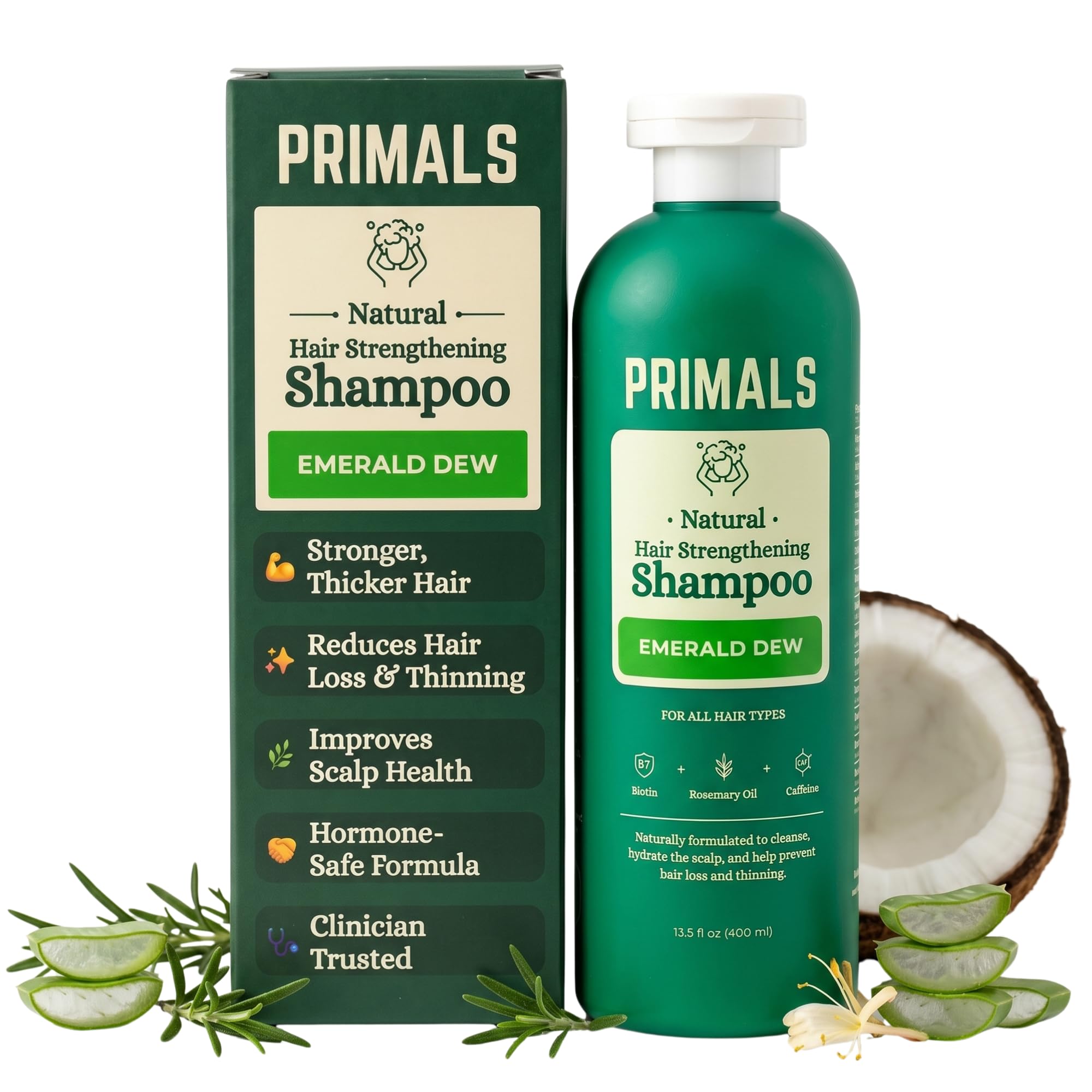 PRIMALS Hair Strengthening Shampoo - Caffiene, Biotin, Raw Honey, Rosemary Oil - Anti Hair Thinning - Natural Ingredients - Zero Artificial Fragrances, Sulfates, Parabens, or Dyes - 13.5 Fl Oz