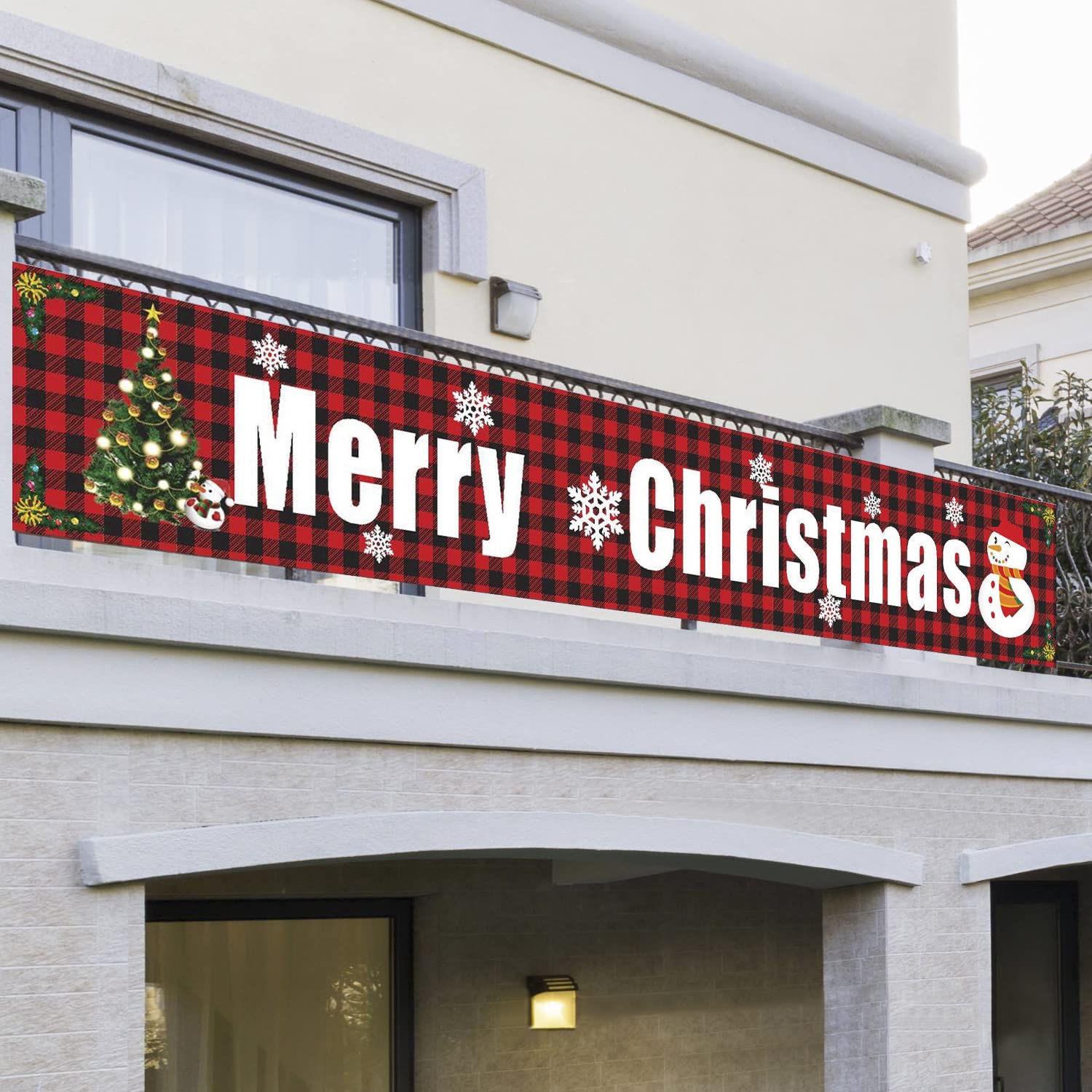 Christmas Banner Outdoor 117” x 19” Large Merry Christmas Banners Decorations for Garden Yard Fence Wall Red Plaid Fabric Xmas Banner Porch Sign with Santa Reindeer Festive Holiday Party Decor - Image 3