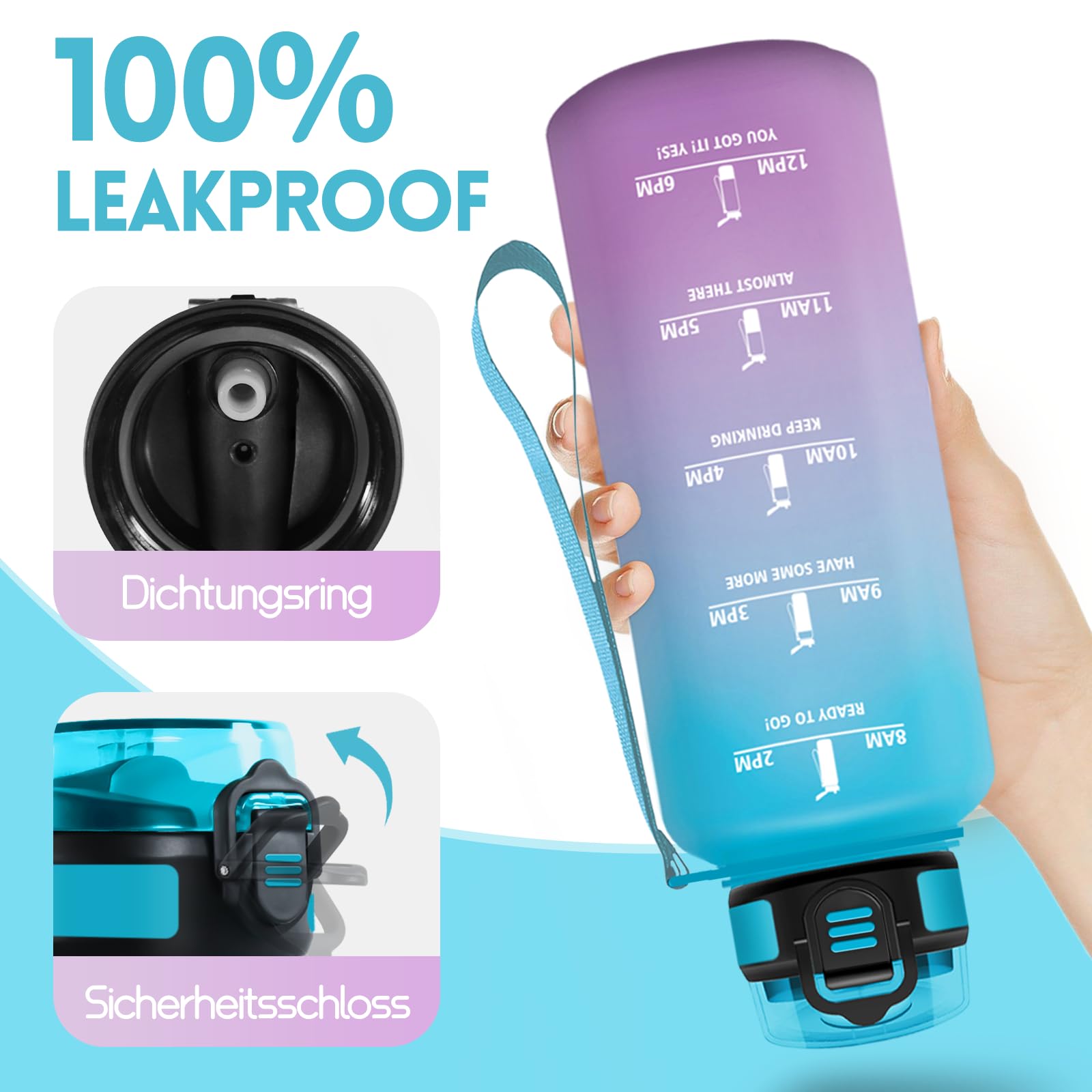 Motswedi Borraccia 1500ml, a Prova di Perdite, Borraccia con Cannuccia, Reutilizables, Bottiglia Acqua, Senza BPA, Borracce per Scuola, Palestra, Ufficio, Yoga, Sport, Blu Viola