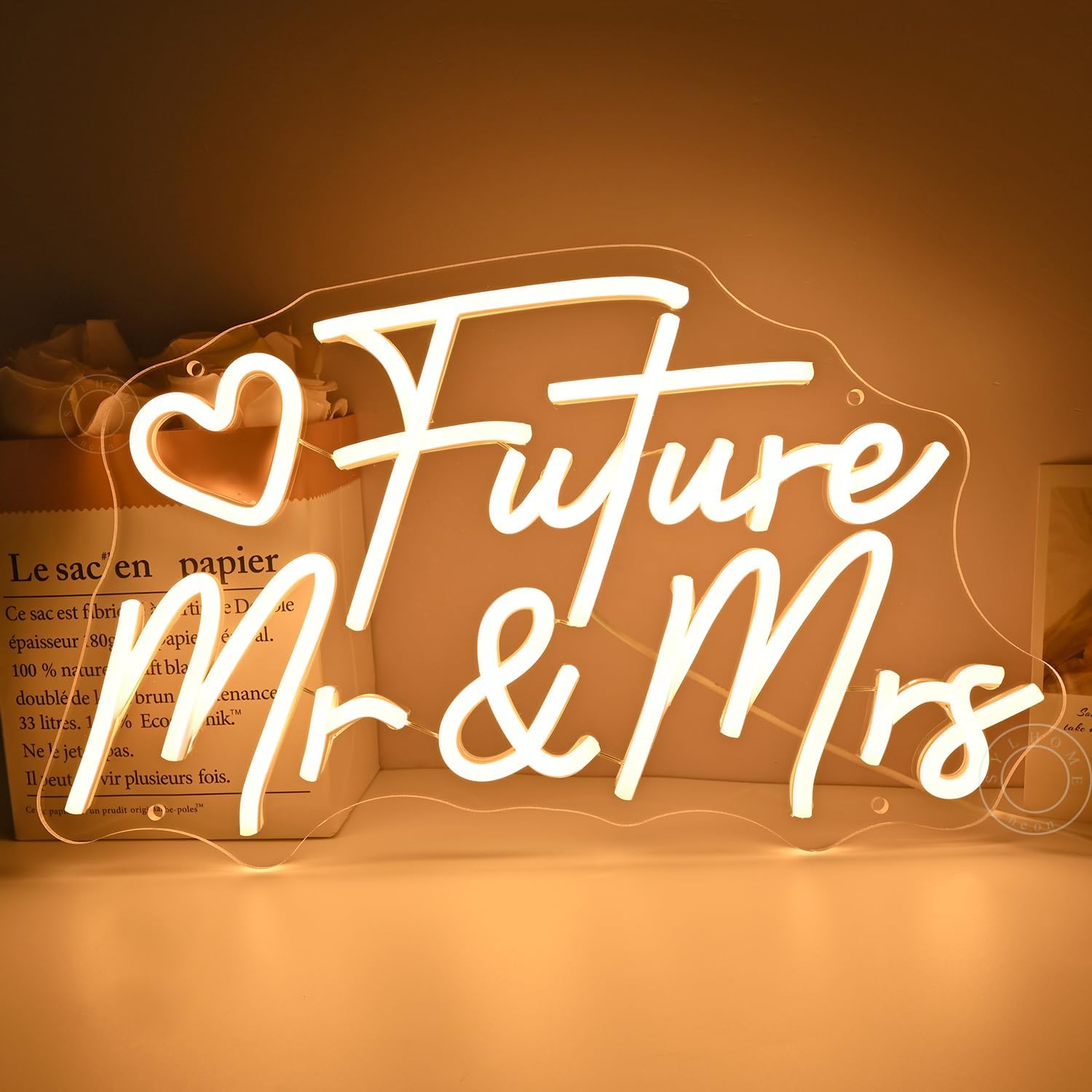 SYLHOME Future Mr & Mrs Led Neon Light Sign Wedding Wall Decor Sign Banner Engagement Party Bridal Shower Light Up Sign Backdrop 15.75" X 9.25" USB Warm