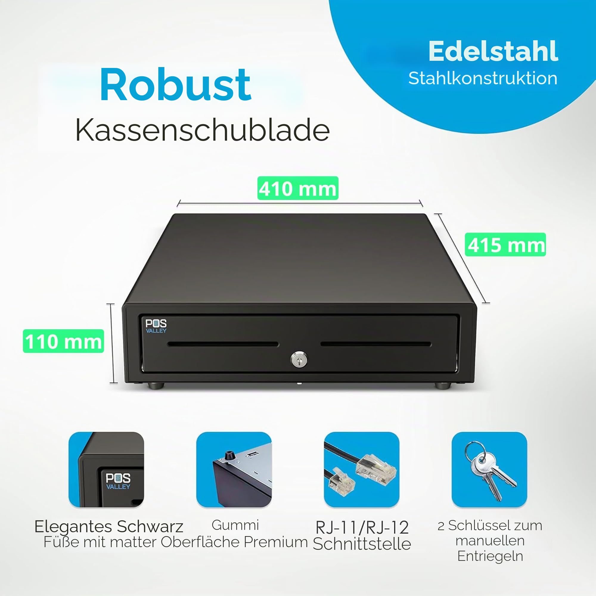 Kassenschublade Elektrisch RJ11-12 Manuell 4 Geldscheinfächern 8 Münzfächern 41x41cm Schwarz POS VALLEY