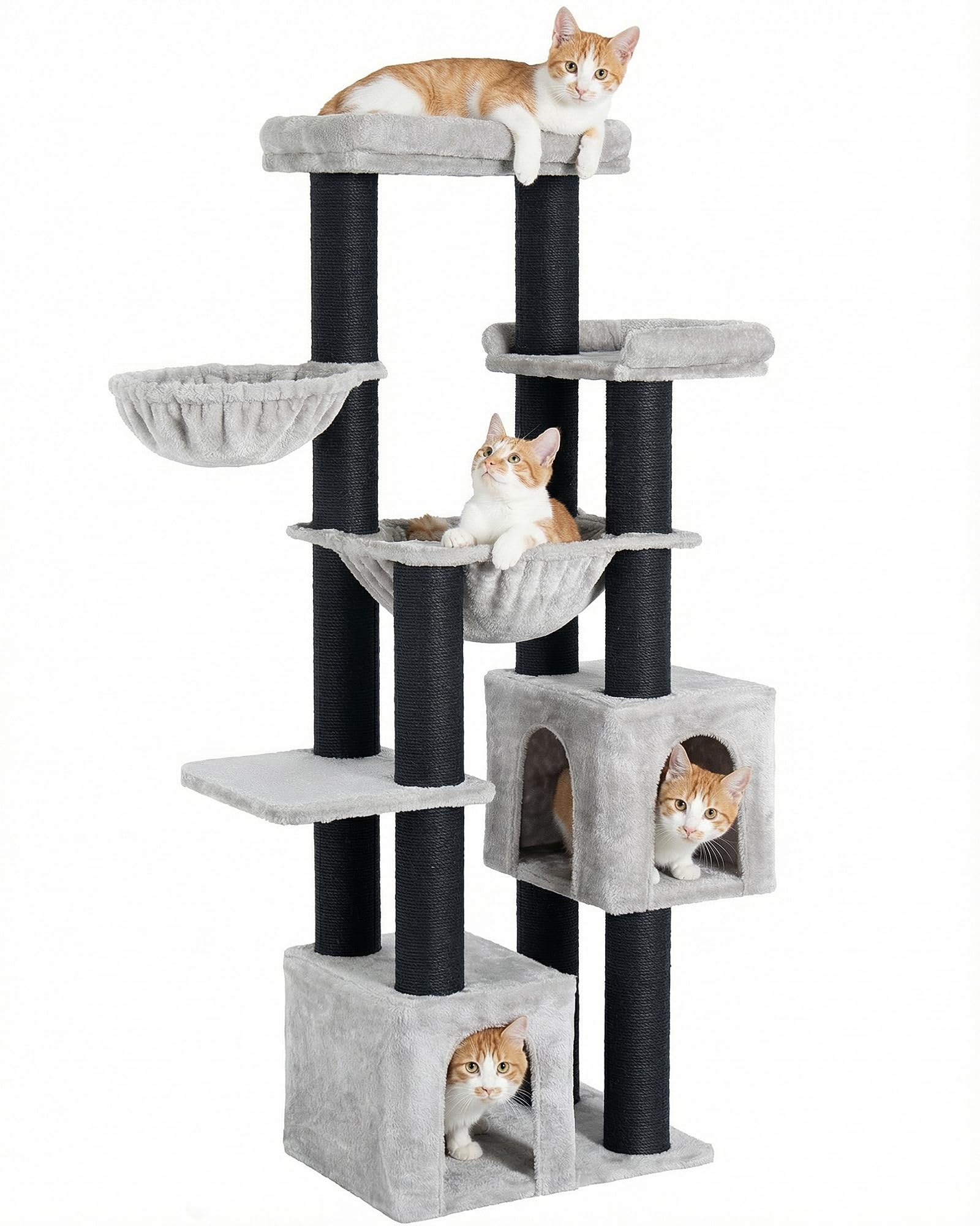 Rascador Grande, 164 cm, para Gatos Grandes, Estable con Troncos de 11 cm, 2 hamacas, 2 Plataformas de Peluche, 2 Cuevas, árbol para Gatos Grandes como Maine Coon