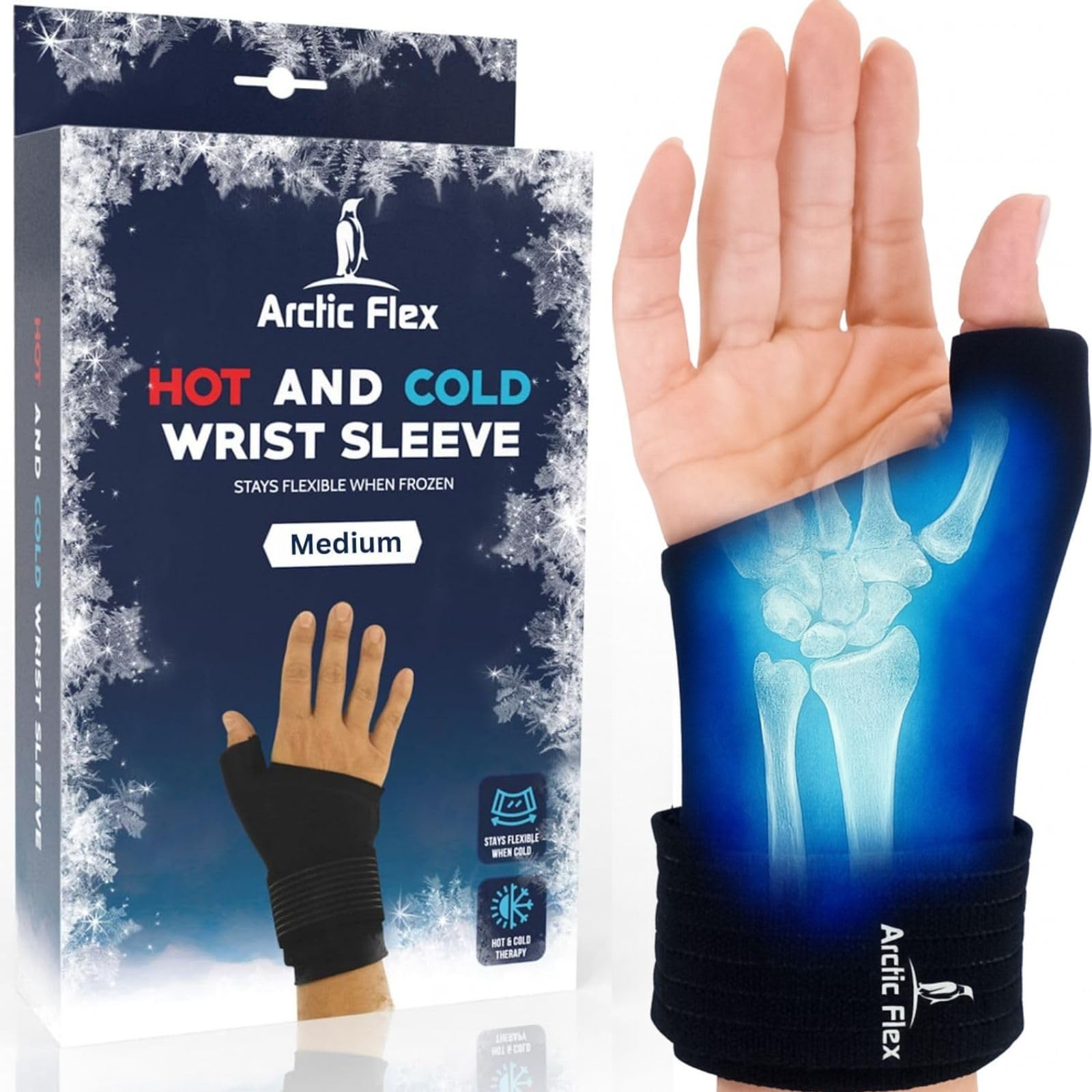 Arctic Flex Wrist Ice Pack Wrap - Extra Strength Hot & Cold Therapy - Reusable Hand & Thumb Freeze Sleeve - For Arthritis, Carpal Tunnel, Tendonitis, Surgery, Sprains & Pain Relief (Fits Left & Right)
