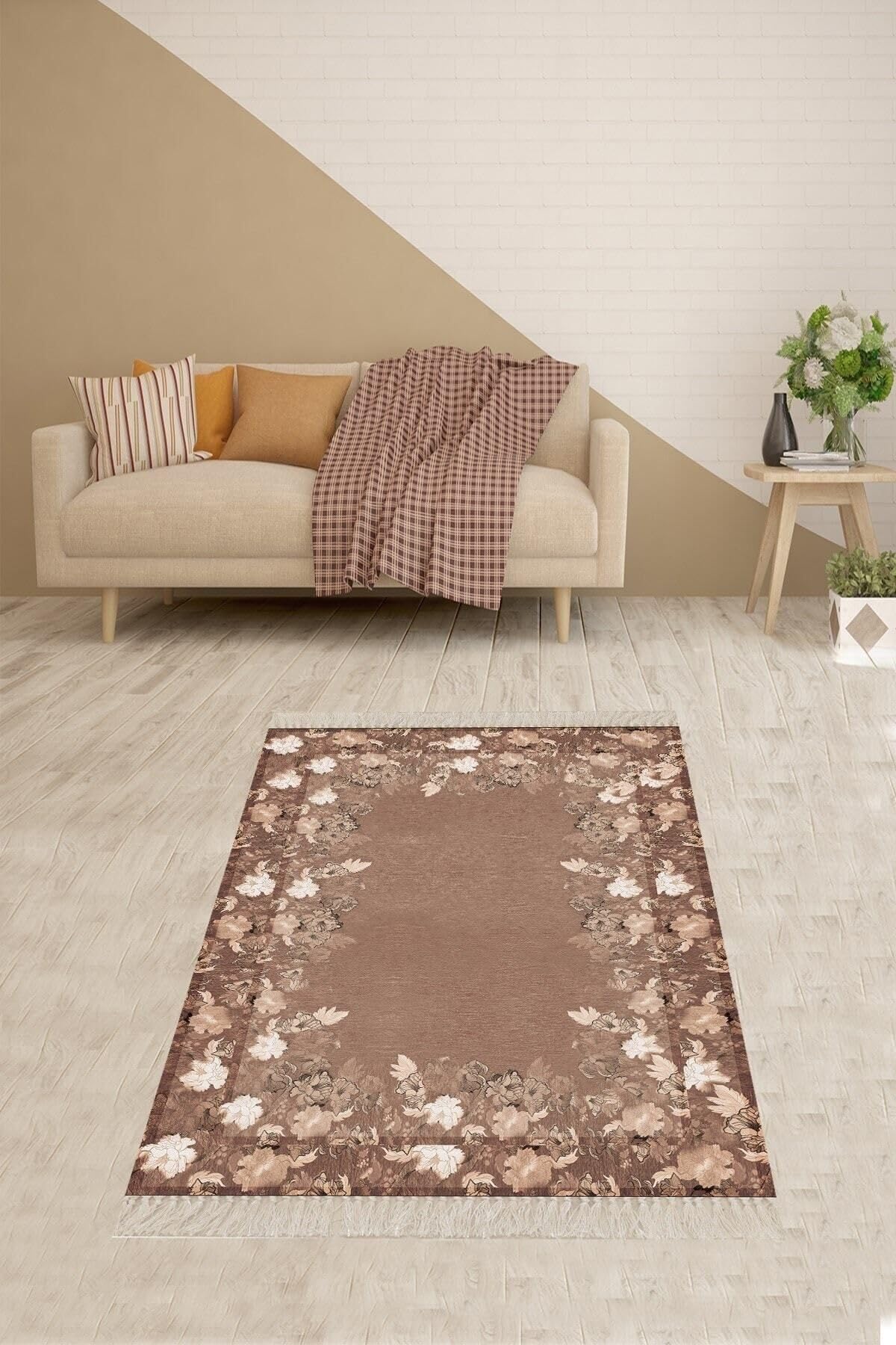 Pelangi Çiçek Desenli Dijital Baskı Yıkanabilir Kaymaz Taban Modern Salon Halısı Ve Yolluk (kahve), Kahverengi 80 x 50