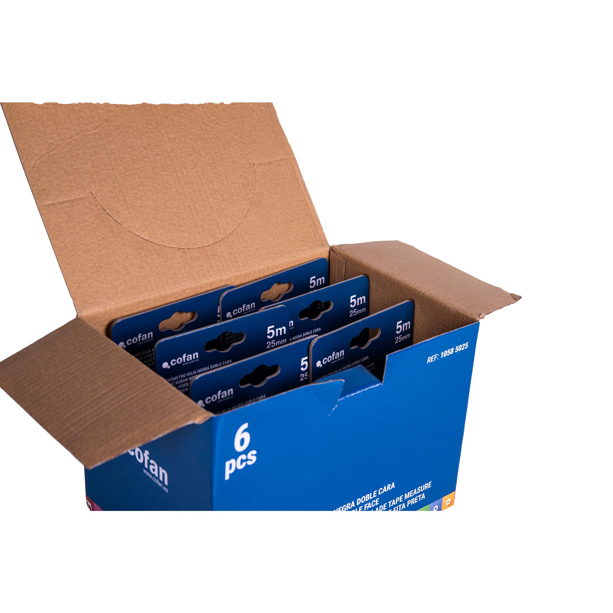Cofan Espositore per flessometri con foglio di nylon nero e stampa bianca con doppio lato di Cofan | Include 6 flessometri | Misura 5 m o 8 m | Lama 25 mm (6, 5 m x 25 mm)