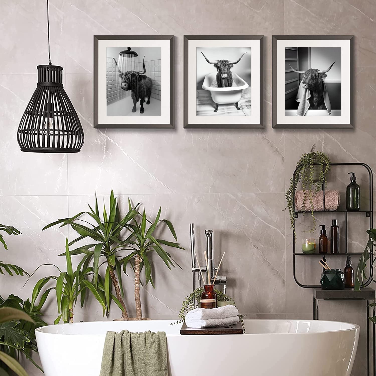 ENROR Bathroom Picture Set, 4-Piece Black White Canvas Art Prints Cow Picture, Modern Funny Toilet Poster - Image 3