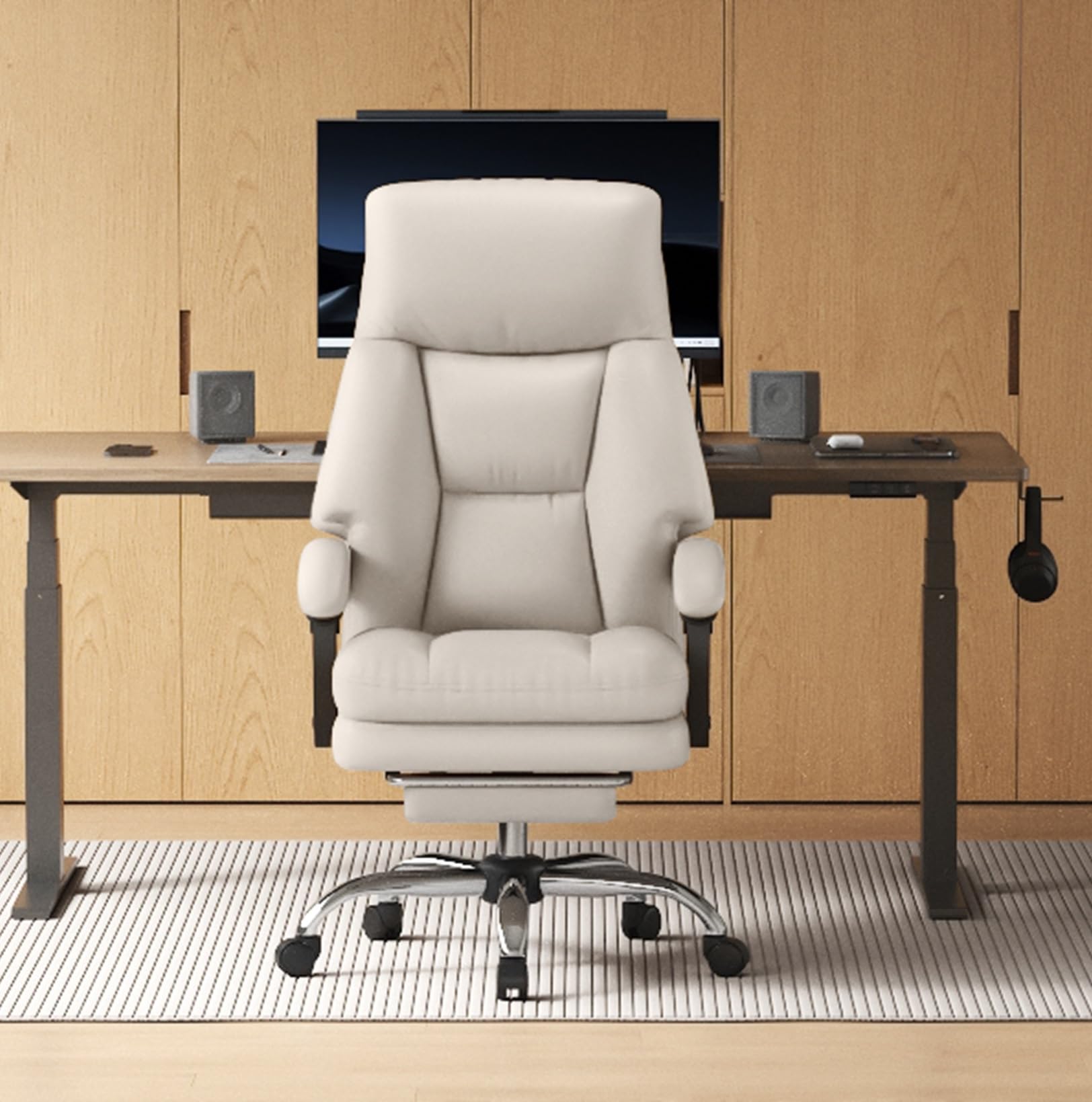 Home Office Desk Chair, 90°-160° Reclining, High Back Executive OfficeChair 400LBS with Footrest, Ergonomic Scratch-Resistant Faux Leather Computer Gaming Chair with Lumbar Support, White