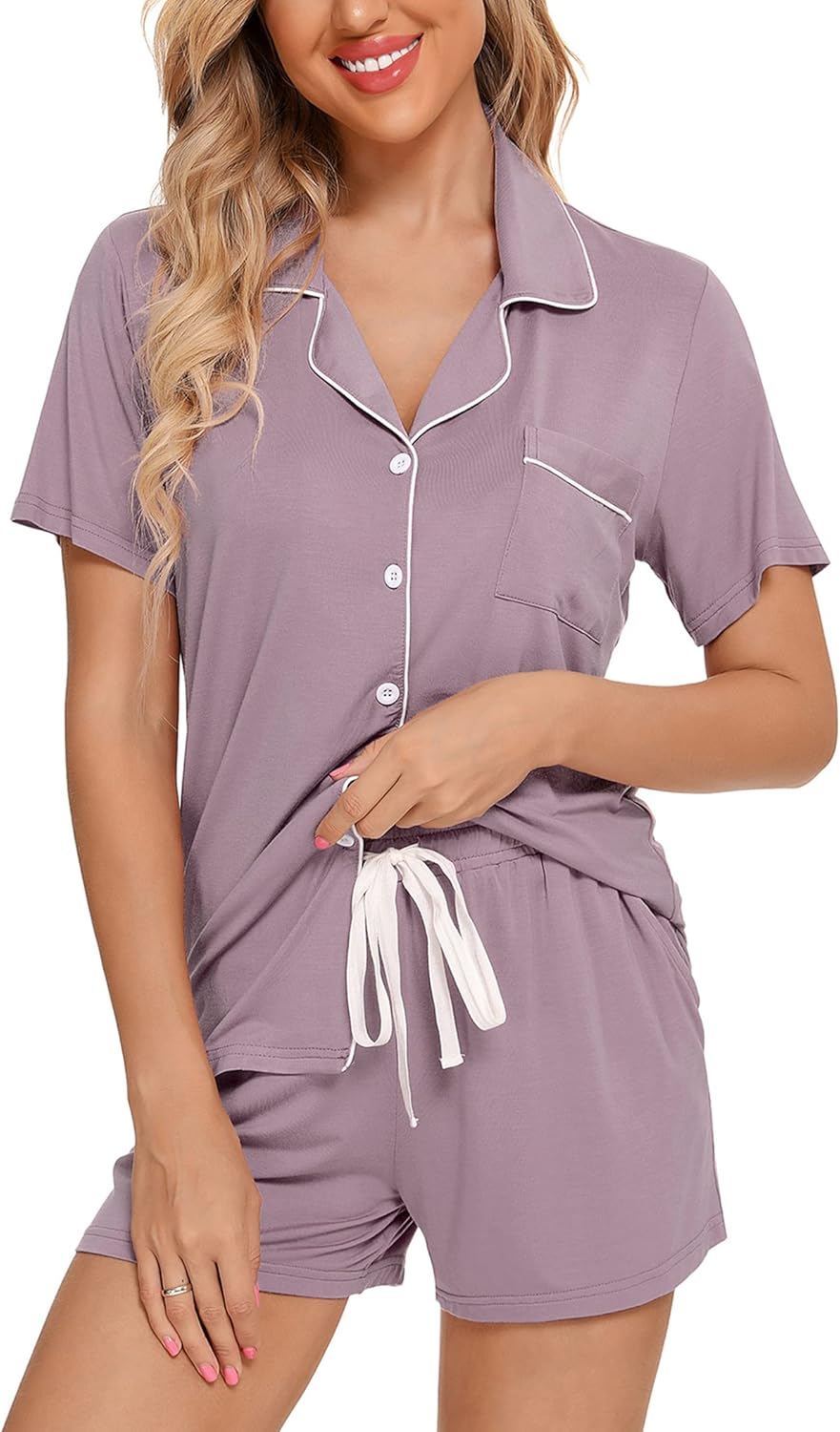 Pjmlifecoco Women's Modal Pajama Set Short Sleeve Button Down Two Piece Soft Sleepwear with Shorts Loungewear S-XXL