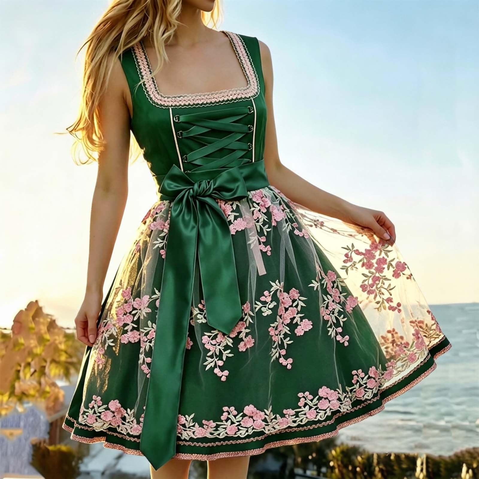 Generisch Dirndl Kleid Damen Midi Tracht Trachtenmode Dirndelkleider Lang Grosse Grössen Dirndl Komplettsets für Oktoberfest Volksfest und Besondere Anlässe