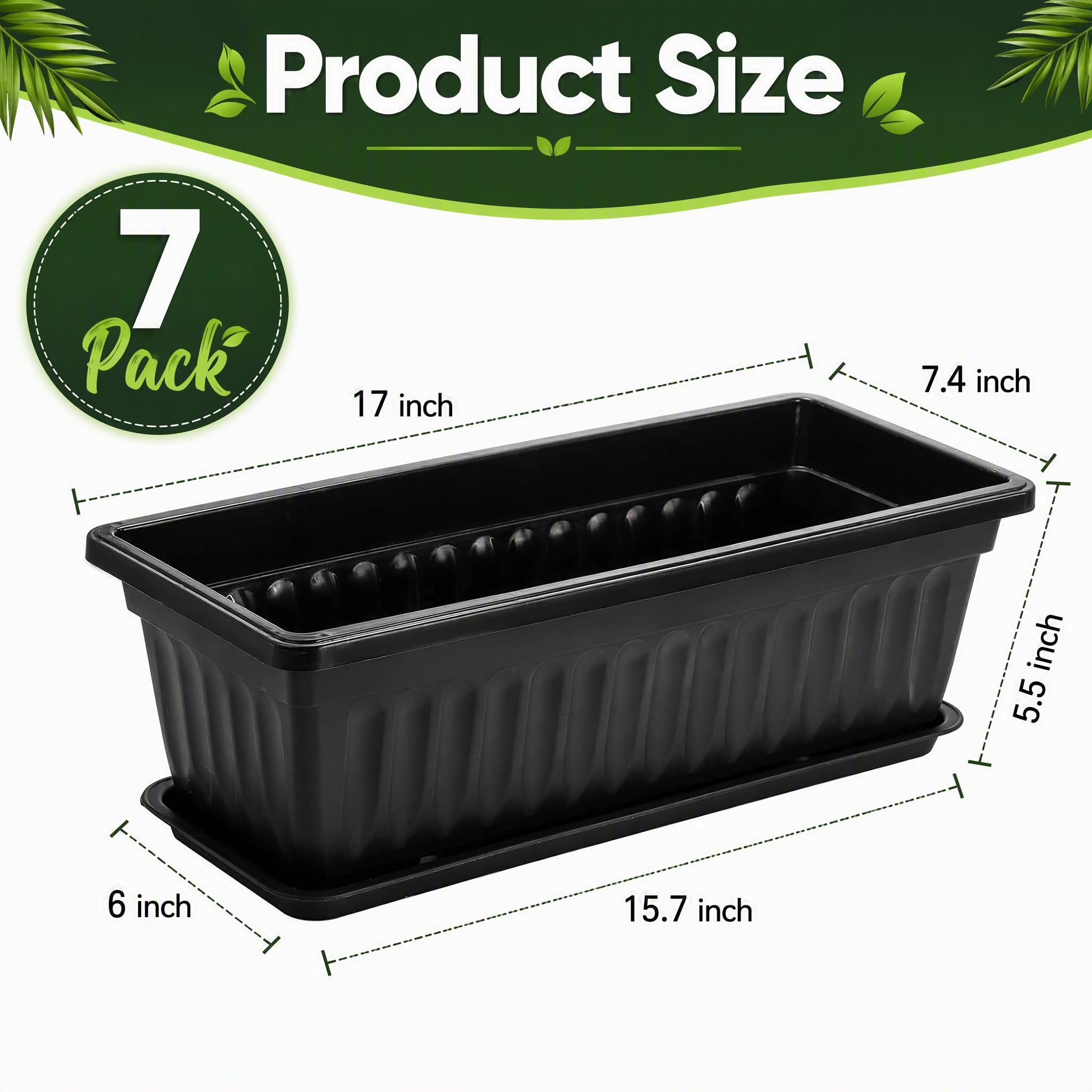 Fasmov 5 Stück 43,2 cm Blumenfenster Box Kunststoff Gemüse Pflanzgefäße mit Tabletts Gemüse Anzuchtbehälter Garten Blumentopf mit 5 Stück Pflanzenetiketten für Balkon, Terrasse, Garten, Schwarz