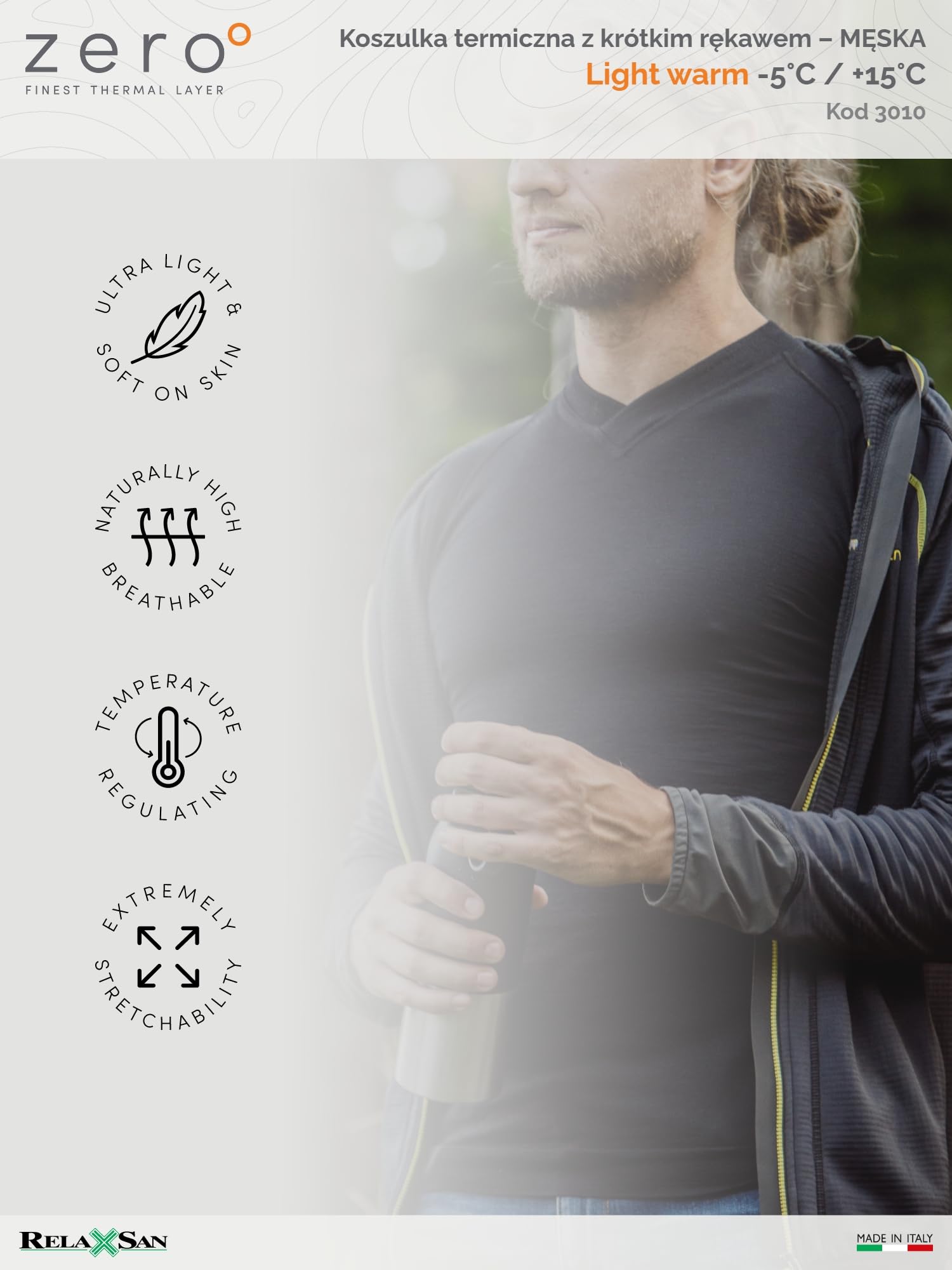 Relaxsan Zero 3010 – Męska koszulka termoaktywna T-shirt bielizna ultralekka oddychająca z włókien Dryarn i wełny merynosowej