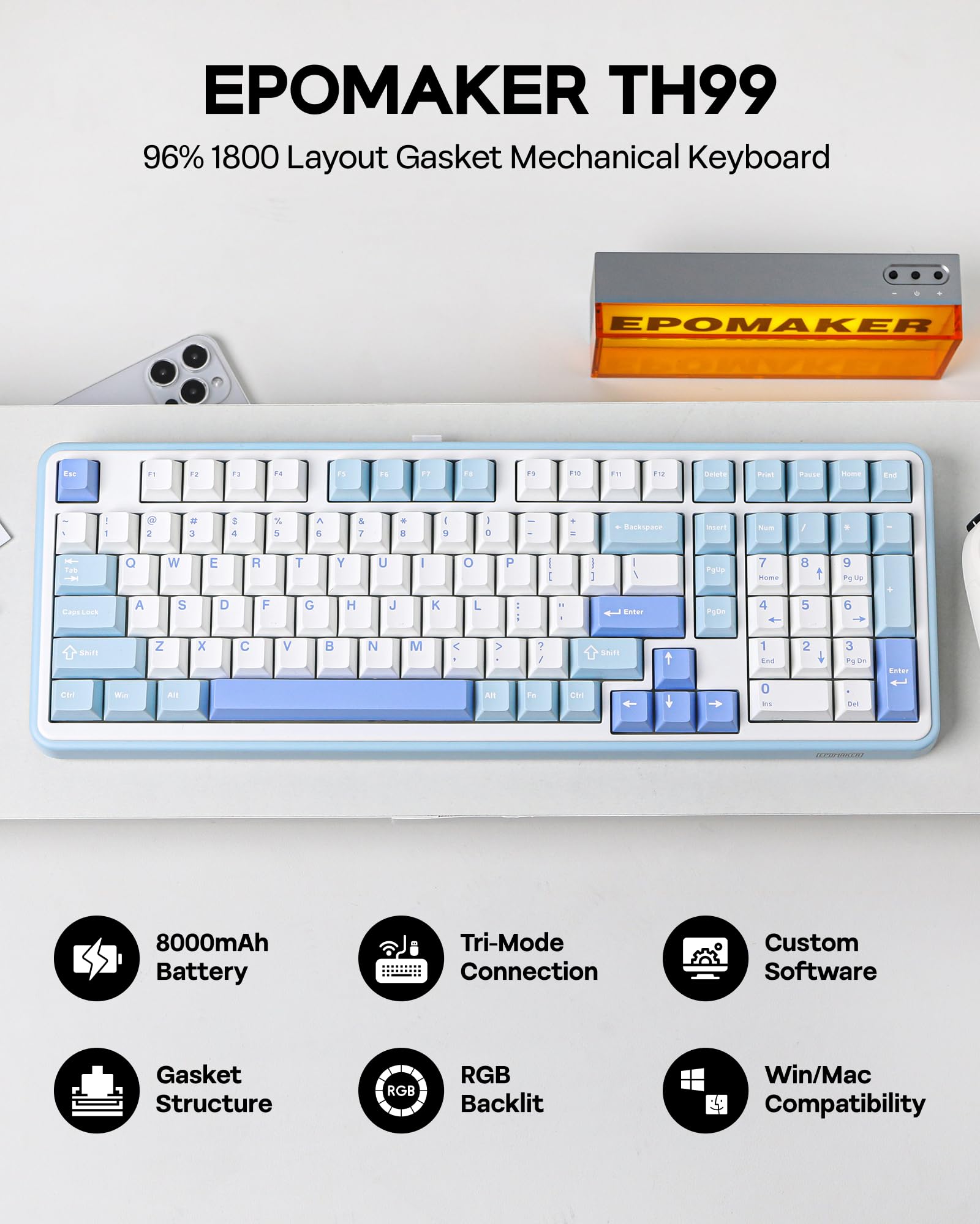 EPOMAKER TH99 Tri-Mode bezprzewodowa klawiatura mechaniczna z baterią 8000 mAh, wymienna niestandardowa klawiatura do gier RGB z klawiaturą numeryczną, kremowa uszczelka do komputera PC/Mac/biura