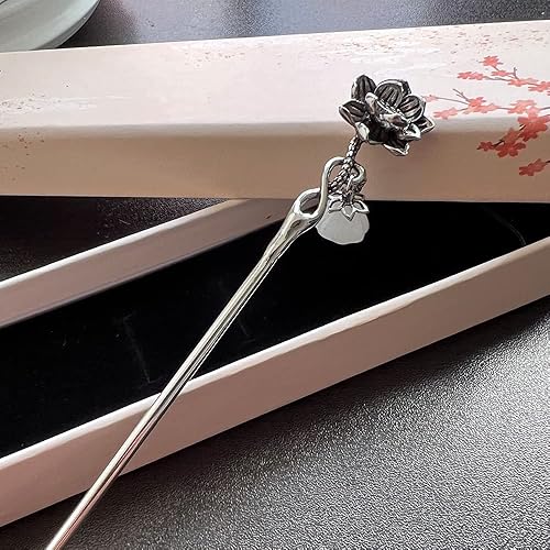 Miniatura 6 de Rabithenn S925 - Horquilla de flor de loto de plata estilo Hanfu chino, pinzas para el cabello retro hechas a mano, accesorios para el cabello para