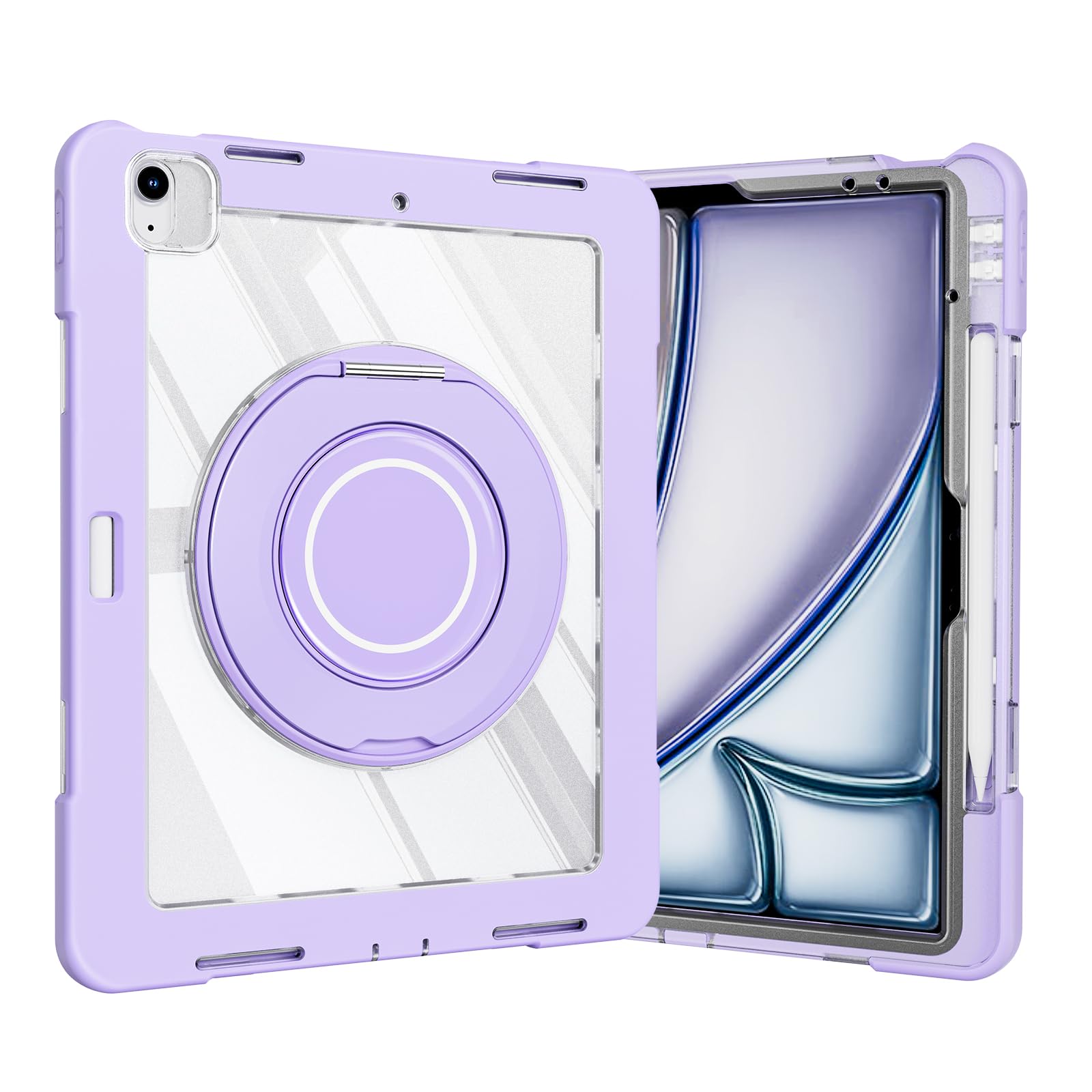 Custodia in silicone resistente per tablet iPad Air 11 pollici 2024, custodia antiurto Crystal Armor Series con portamatite, supporto girevole in titanio con anello grande da appendere