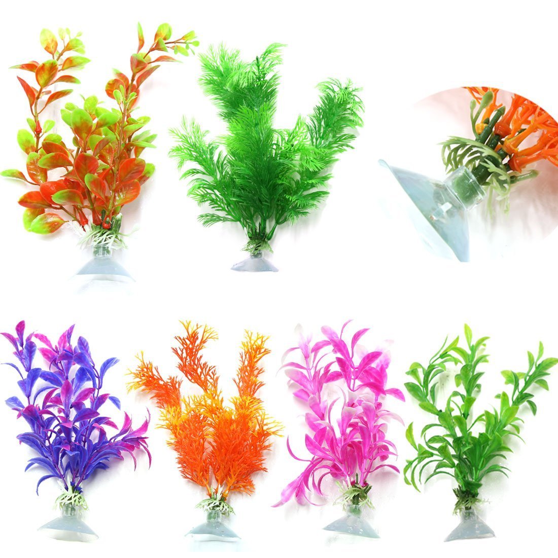 CNZ Assorted Color Aquarium Plastic Plant Decoration (6pcs with Suction Cup)