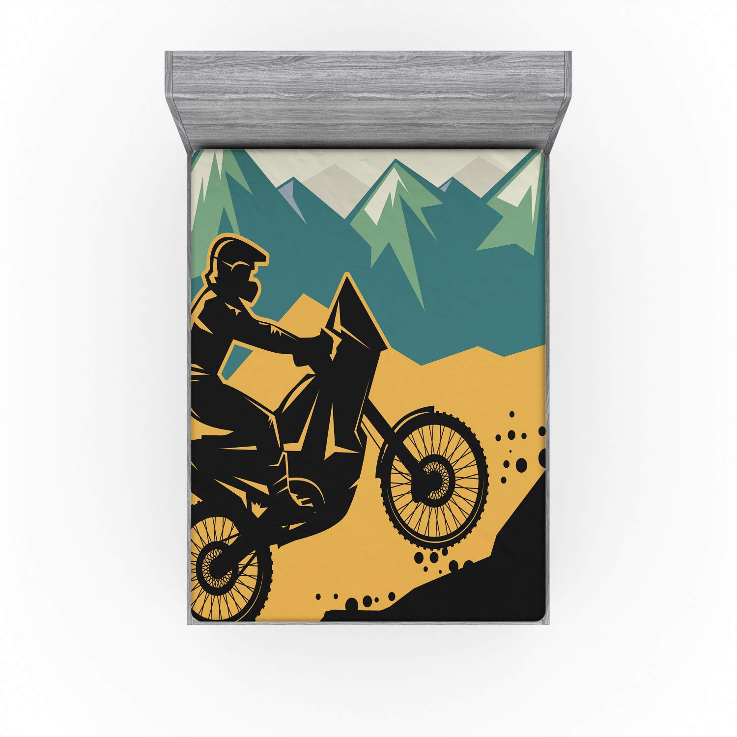Lunarable Dirt Bike Fitted Sheet, Motocross on The Mountain Region Grunge Effect Action Bike Race Themed Design, Bed Cover with All-Round Elastic Deep Pocket for Comfort, King Size, Mustard Black