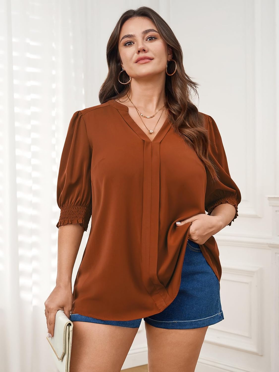 SCOMCHIC Plus Size Blouses for Women Dressy Casual Summer V Neck Short Sleeve Business Work Tunic Tops Loose Shirts - Image 8