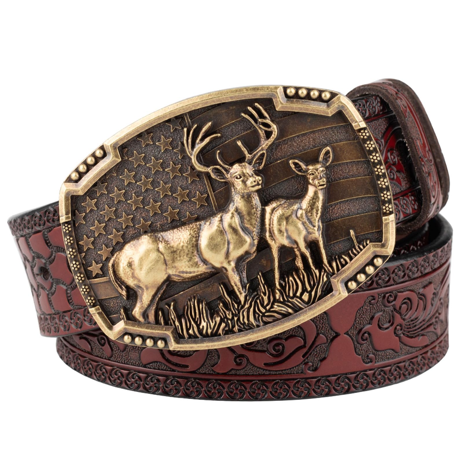Men's western belt,Men's retro belt,Men's And Women's Belts,Casual Belts,Western Cowboy Leather Belts for Men,Bronze Animal Deer Embossed Pattern Buckle Vintage Belt 1pcs(Reddish Brown,125CM/49.2'')