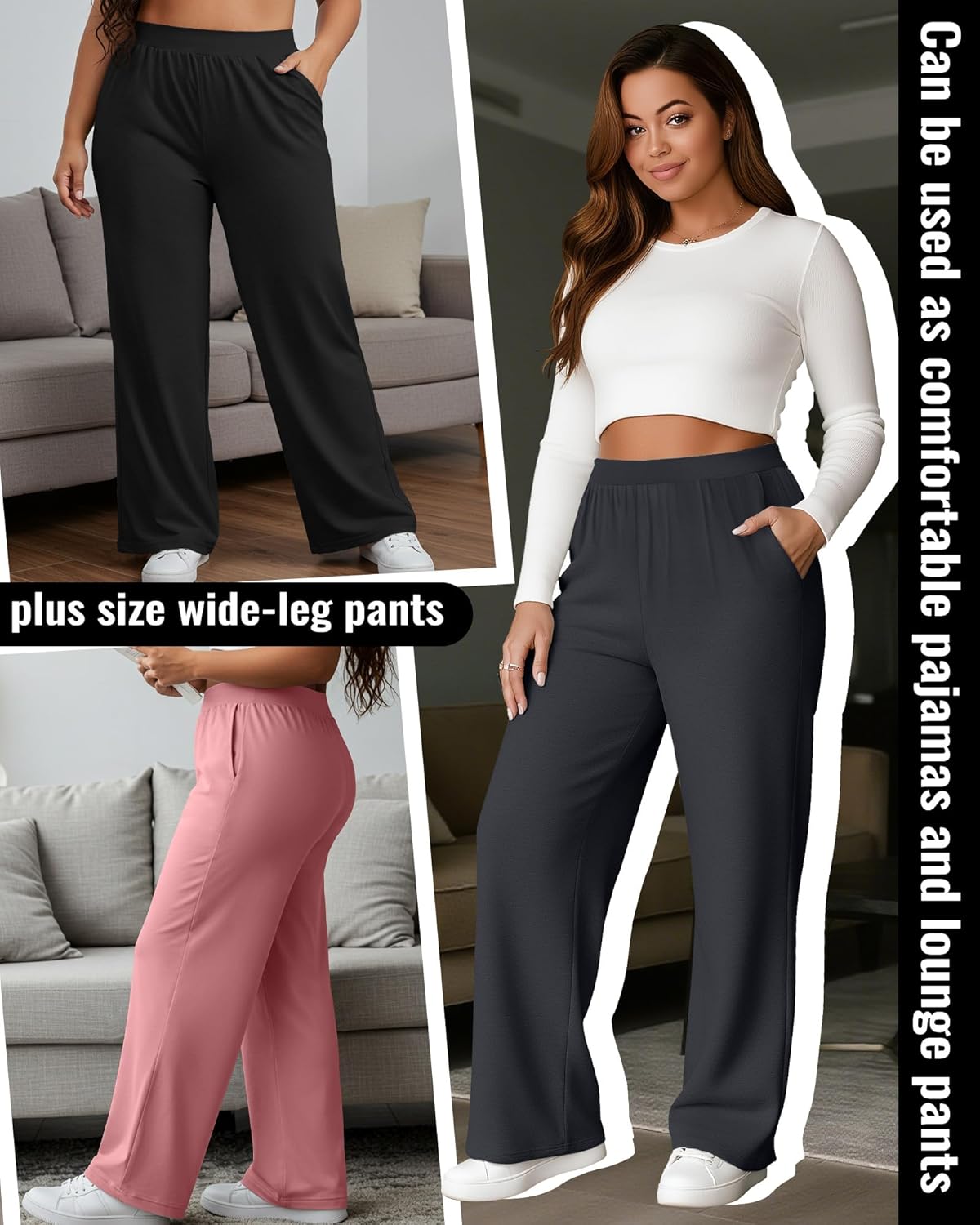 Huukeay 3 Pack Women's Plus Size Pants, High Waisted Wide Leg Pants Casual Pajamas Pants Loose Yoga Sweatpants with Pockets - Image 2