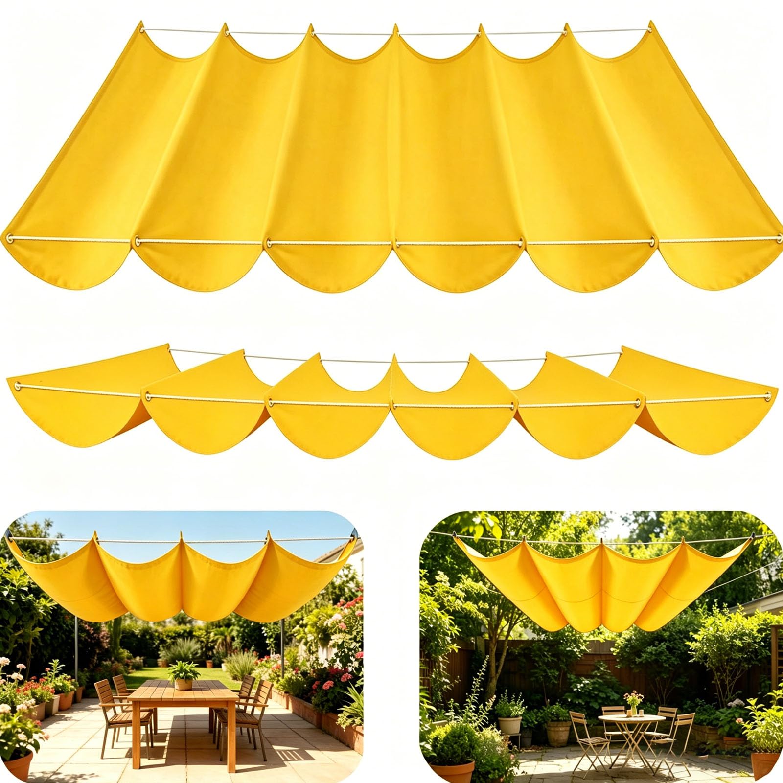 Retractable Sun Sail Shade Canopy for Outdoor Use, Retractable Wave Sun Shade Sail, Wave Design, Thickened Fabric, Block With Rope Patio Awning Cloth Durable Garden Shade Sail-Yellow||90x350cm