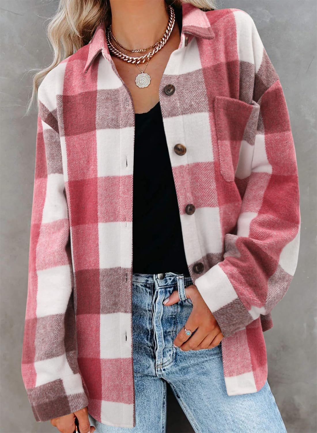 ZOLUCKY Womens Shackets Jacket Plus Size Long Sleeve Button Down Shirts Blouses Tops