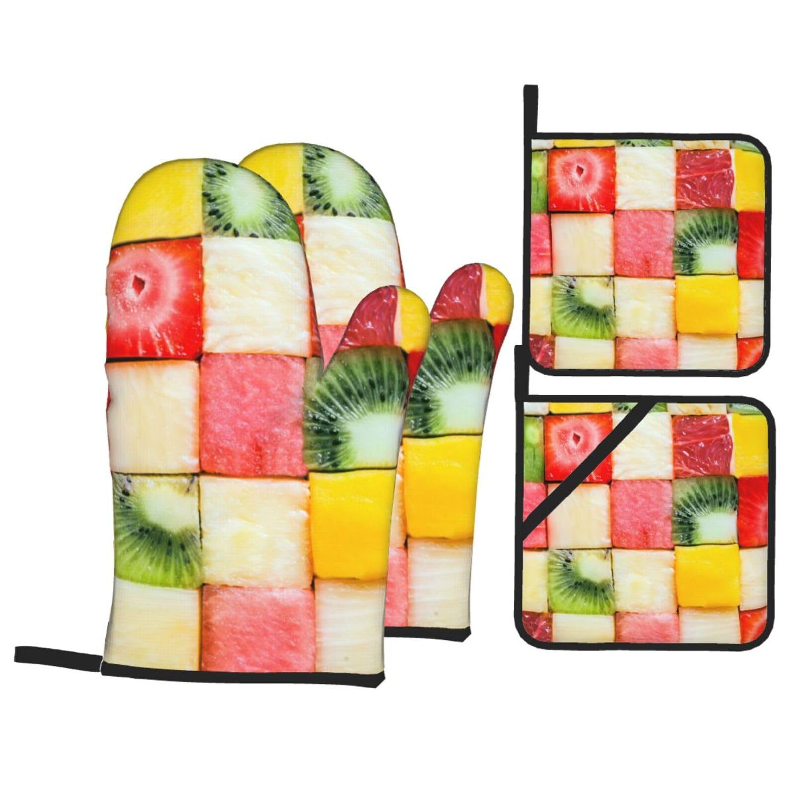 Kiwi Watermelon Print Stylish Heat-Resistant Oven 4-Piece Set Kitchen Gloves Roasting Daily Cooking