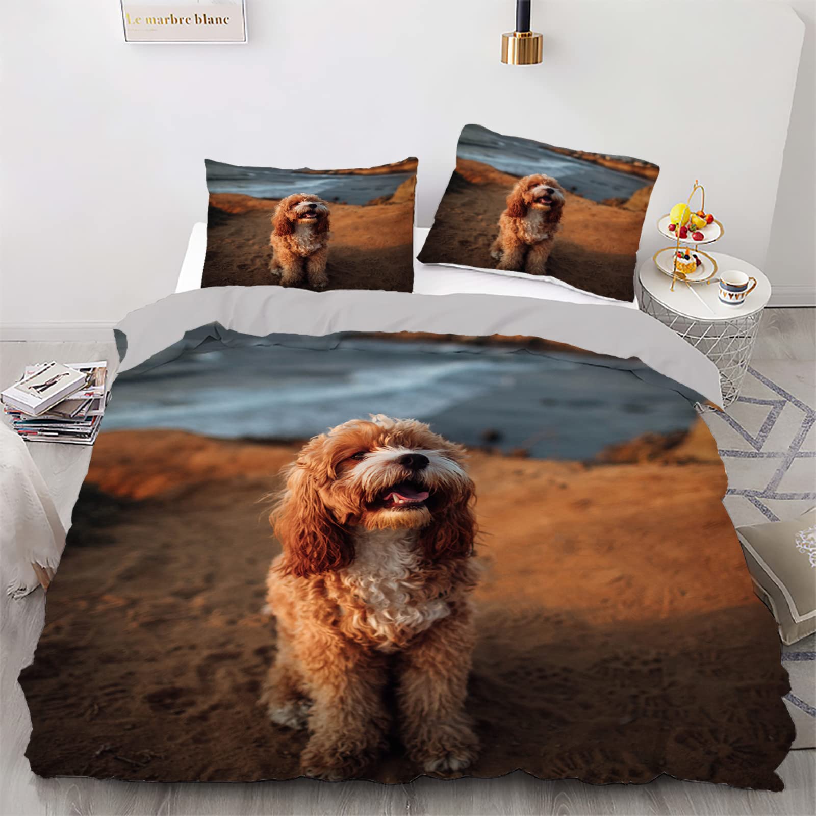 Housse de couette 140x200 fille chien brun en microfibre avec taie d'oreiller