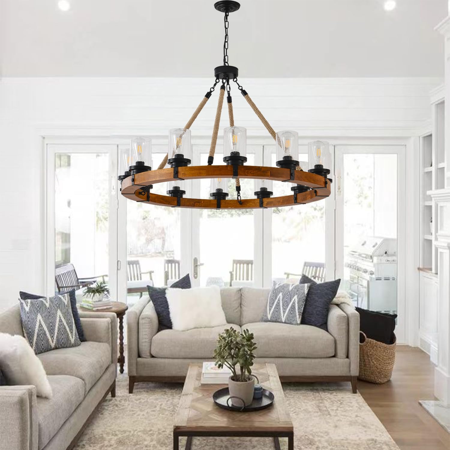Rustic 12 Light Wagon Wheel Chandelier, Round Wood Pendant Light with Seeded Glass Shade, Rustic Light Fixtures for Dining Room Kitchen Island Foyer Entryway