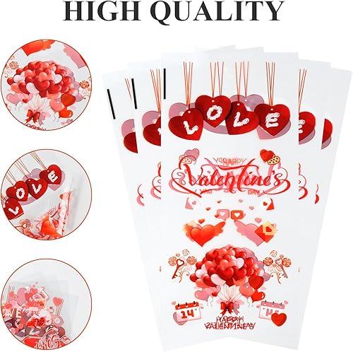 Miniatura 4 de idolpack Paquete de 50 bolsas de celofán para el día de San Valentín con 50 lazos torcidos, bolsas de violonchelo con corazón rojo, bolsas de dulces