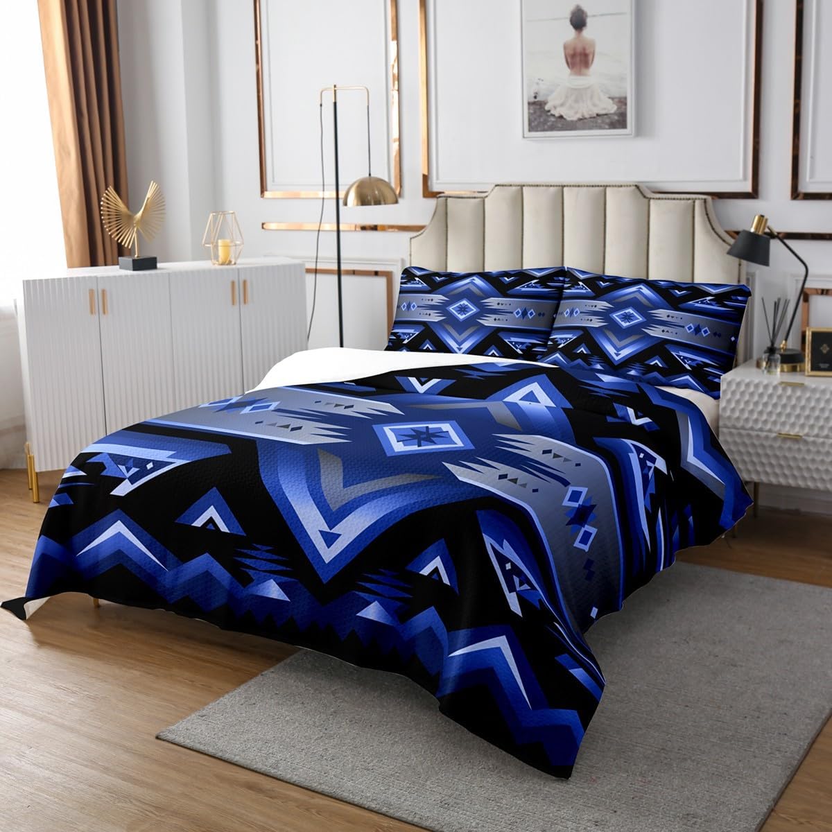 jejeloiu Boho Aztec Bedspread Queen Size Kids Blue Farmhouse Western Exotic Style Coverlet Set for Boys Girls Tribal Native American Indian Quilted Coverlet Room Decor