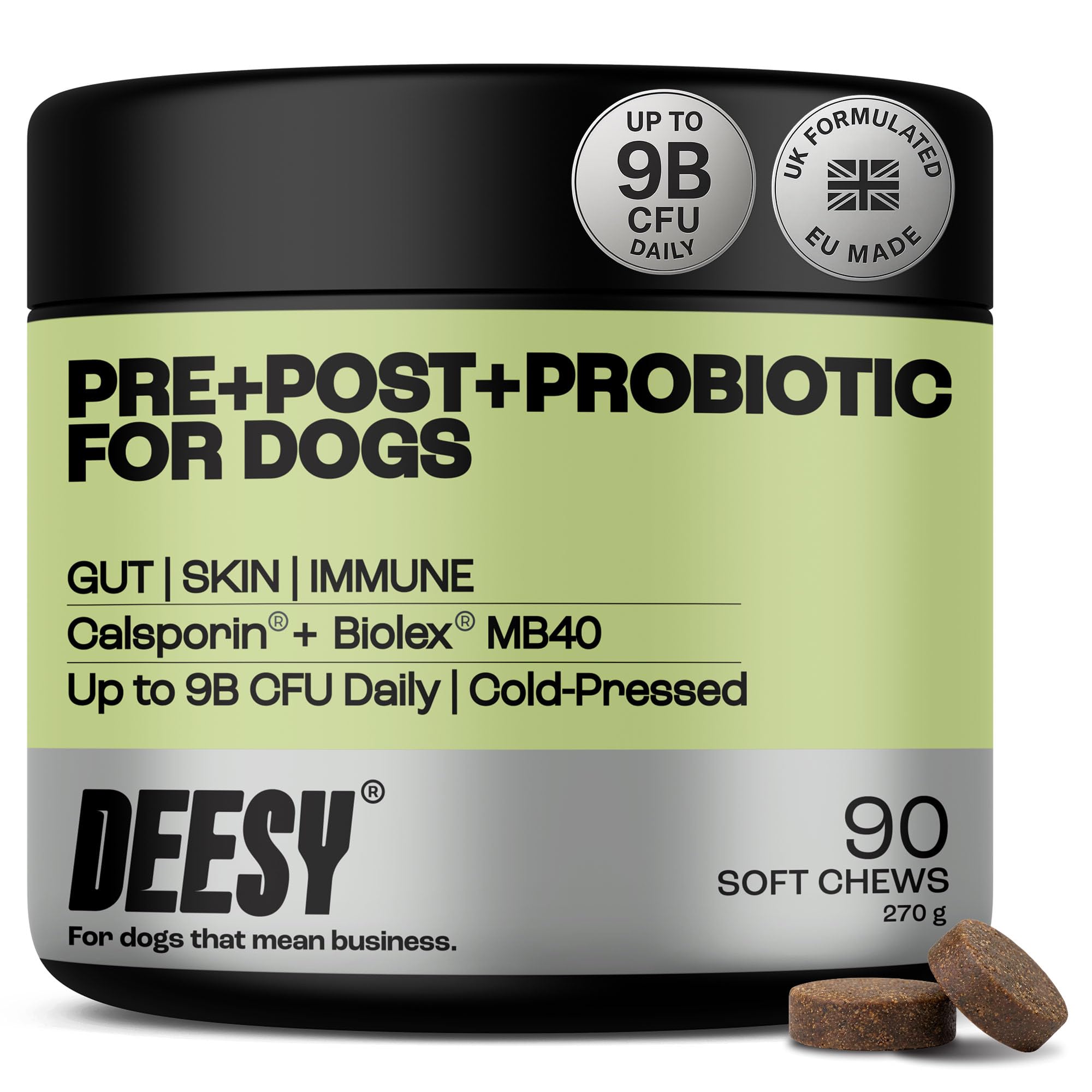 DEESY® Probiotics for Dogs – Clinically Dosed Calsporin® Soft Chews | Pre + Pro + Postbiotic | Gut, Skin & Immune Health | Itchy Skin, Allergies & Sensitive Stomachs | Hydrolysed Formula | 90 Count