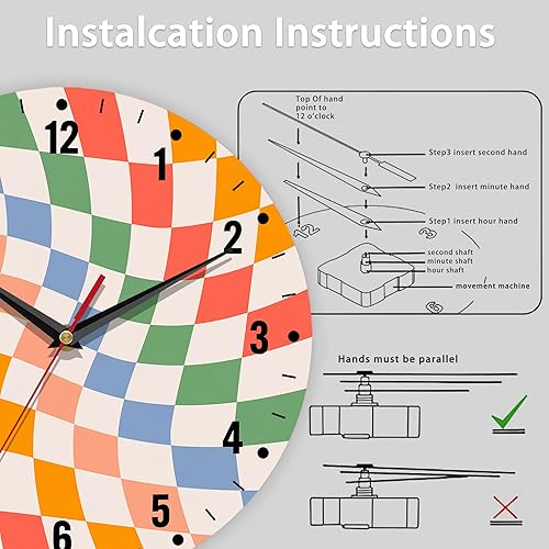 Miniatura 5 de SPUNKER Reloj para dormitorio, colorido reloj de pared a cuadros que funciona con pilas, 10 pulgadas, reloj redondo retro ondulado, silencioso y sin